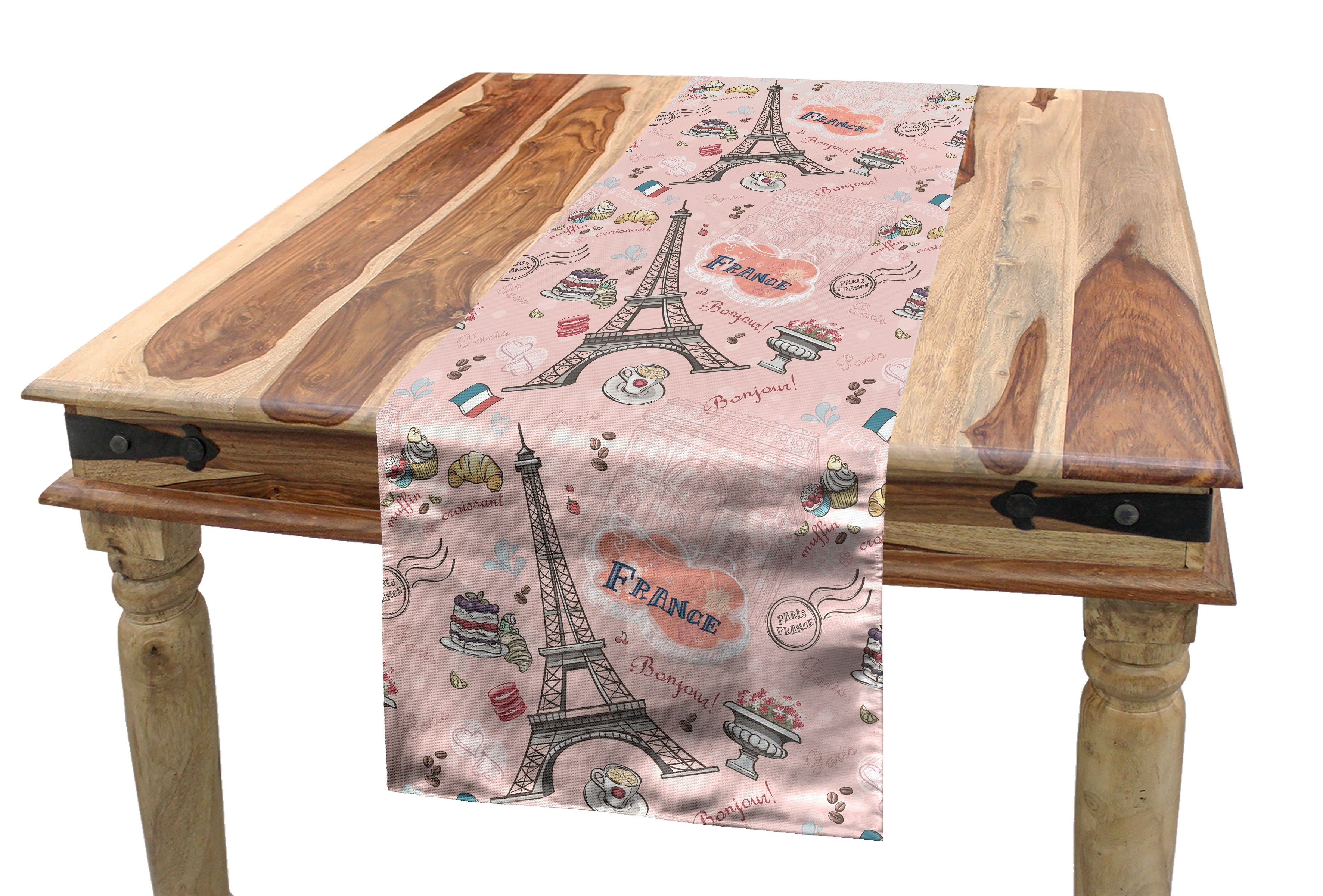 Abakuhaus Tischläufer Esszimmer Küche Rechteckiger Dekorativer Tischläufer, Paris Croissant Makronen Muffin