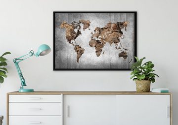 Pixxprint Leinwandbild Weltkarte auf altem Holz B&W Detail, Wanddekoration (1 St), Leinwandbild fertig bespannt, in einem Schattenfugen-Bilderrahmen gefasst, inkl. Zackenaufhänger