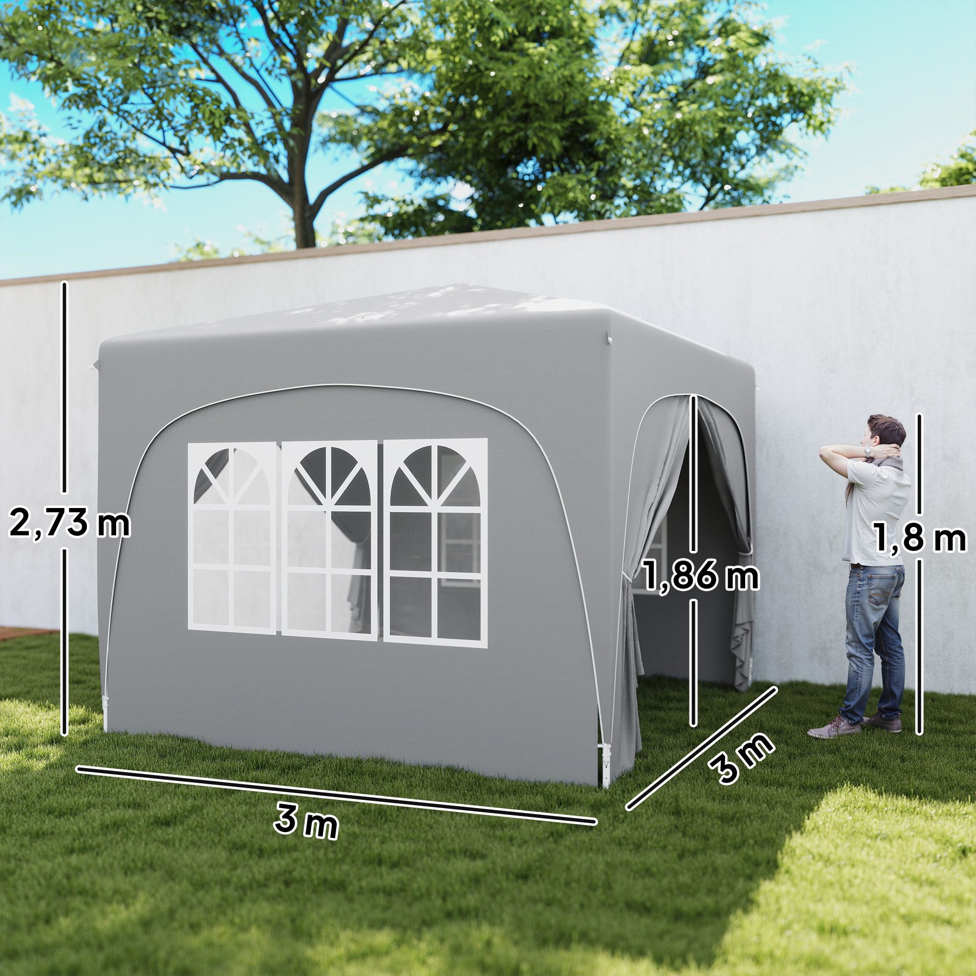 Outsunny Faltpavillon 3x3m, wasserabweisend stabil winterfest, UV Schutz 50+, faltbar, mit 4 Seitenteilen, (Pop-up Pavillon, Partyzelt), mit 4 Seitenteilen, Tasche, für Camping, Garten, Hellgrau