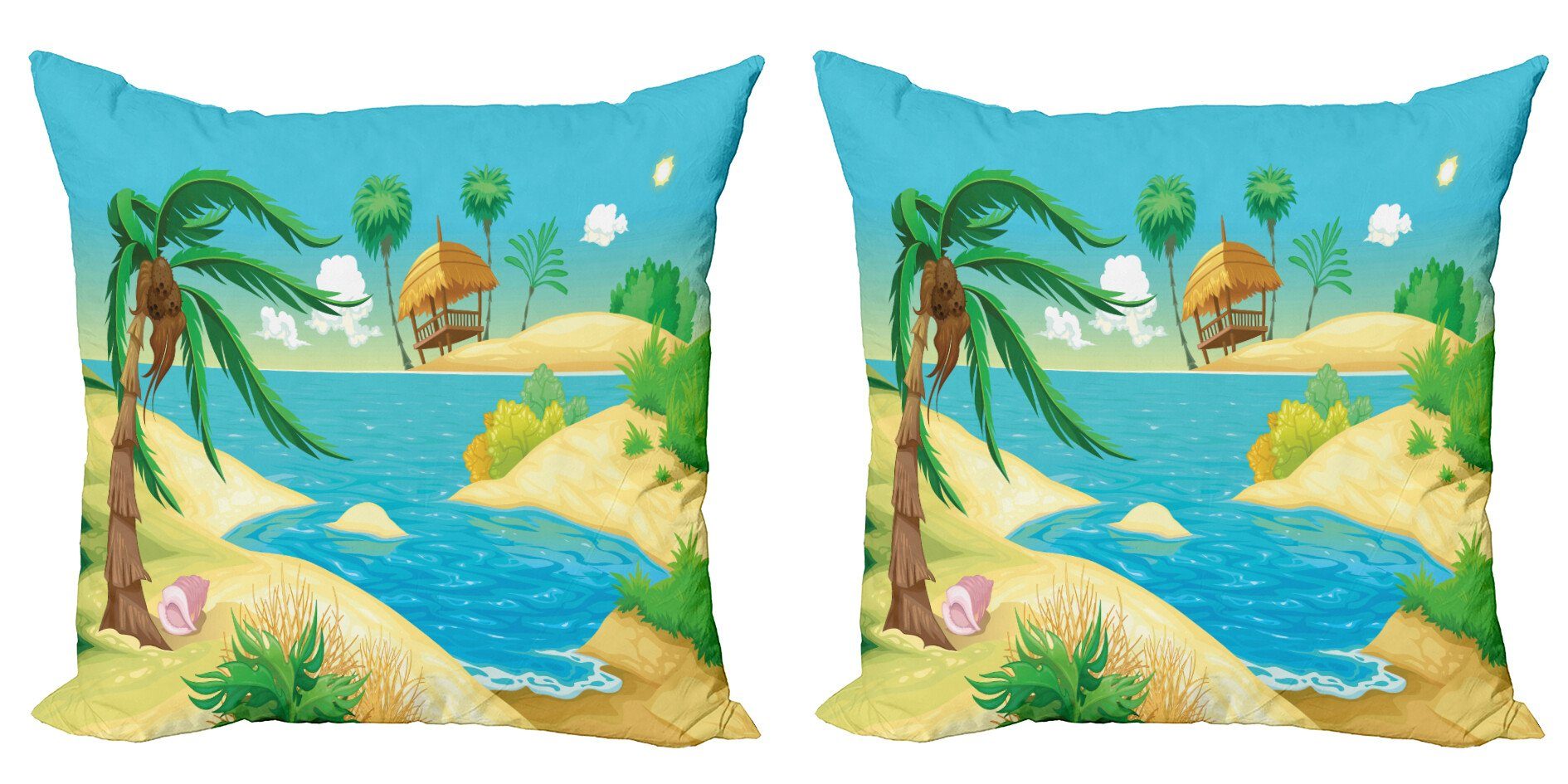 Kissenbezüge Modern Accent Doppelseitiger Digitaldruck, Abakuhaus (2 Stück), Tropisch Blick auf den Strand-Cartoon-Entwurf