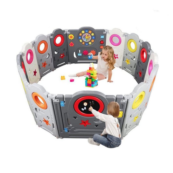 YOLEO Laufgitter Babygehege Plastikspielzeugbrett mit Tor 14 Bretter mit Uhrbrett