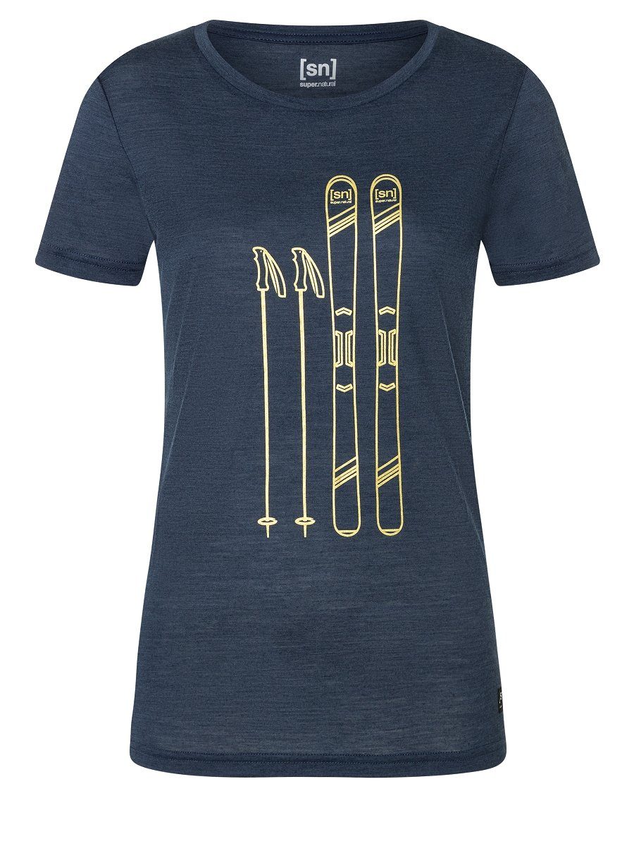 SUPER.NATURAL Print-Shirt Merino T-Shirt Iris Merino-Materialmix bequemer SKIING W Blue Melange/Gold TEE