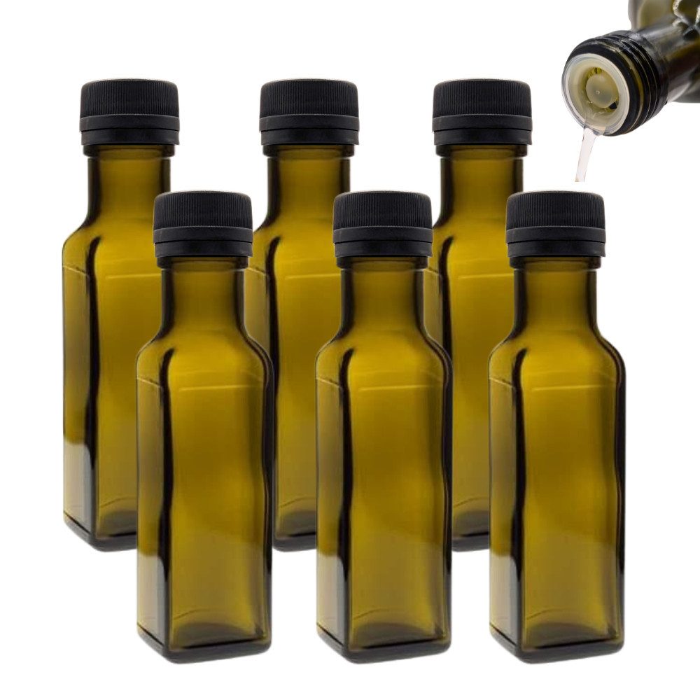Ölspender 6x Ölflaschen 100 ml mit Ausgießer braune / grüne Glasflasche