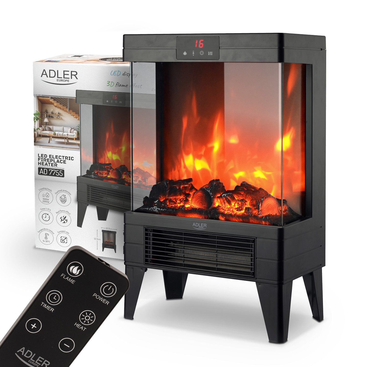 Adler Dekokamin AD 7755 Elektrischer Kamin 2000W 3D Flammeneffekt, 2 Heizleistungen 1000W/2000W, Thermostat