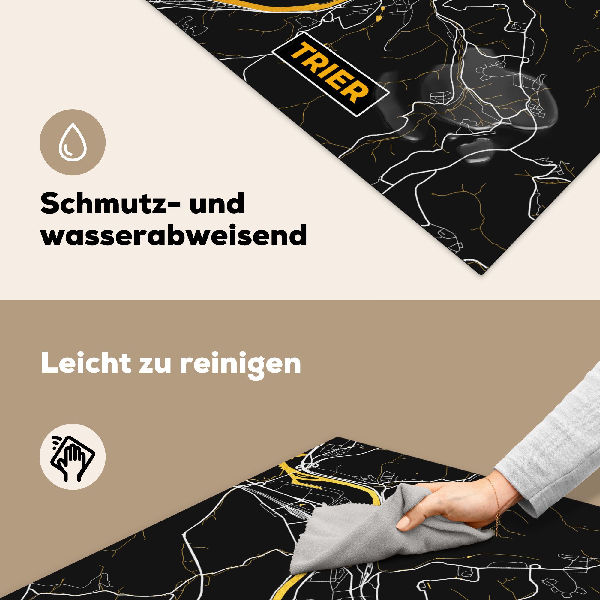 MuchoWow Herdblende-/Abdeckplatte Schwarz und Deutschland Ceranfeldabdeckung, - Trier küche (1 Vinyl, - cm, Stadtplan 78x78 Arbeitsplatte für - Karte, tlg), - Gold