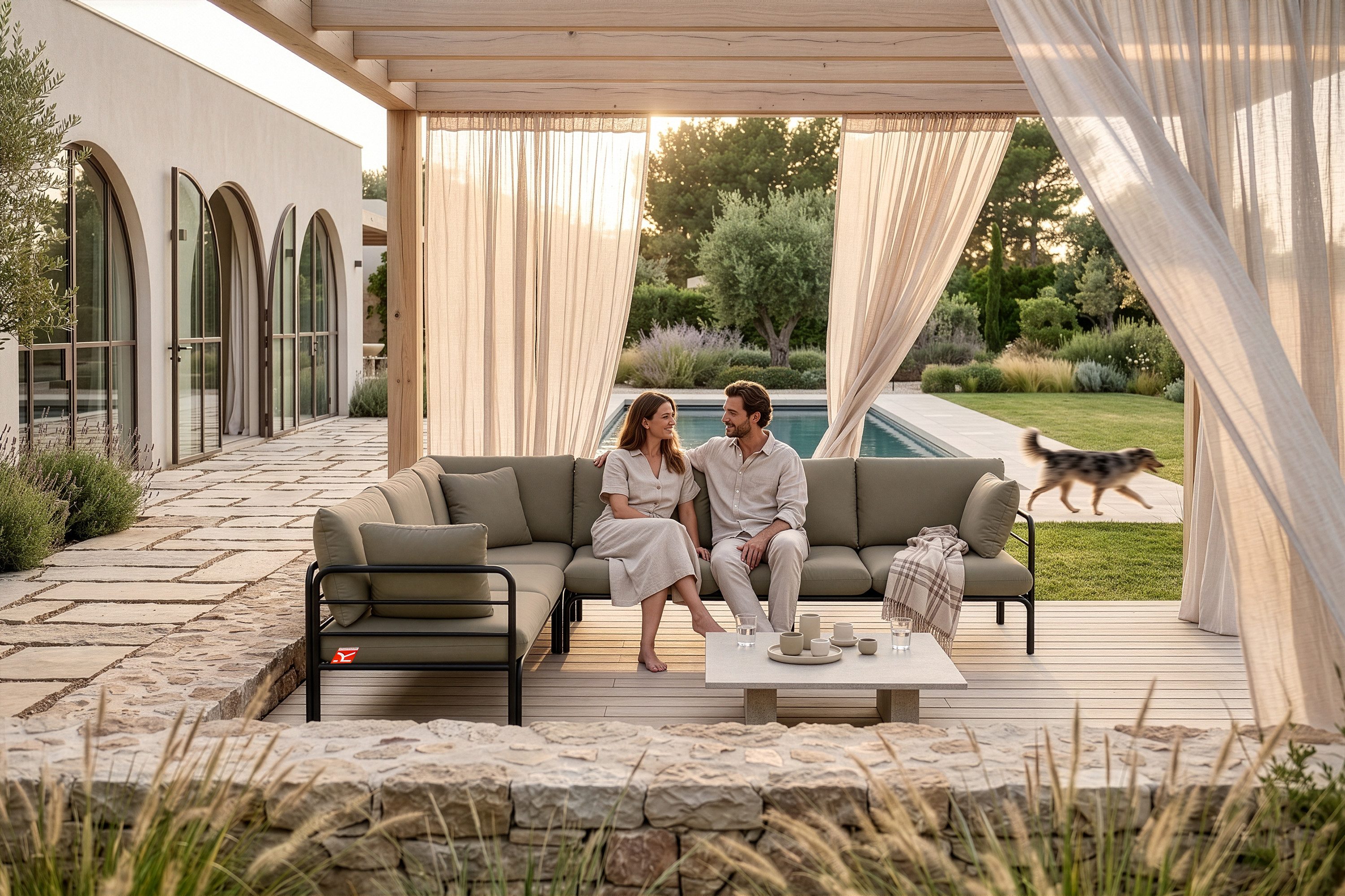 KONSIMO® Loungesofa RAMBE Ecksofa, Gartensofa, links oder rechts, hergestellt in der EU, mit Zierkissen, Gewicht: 80 kg