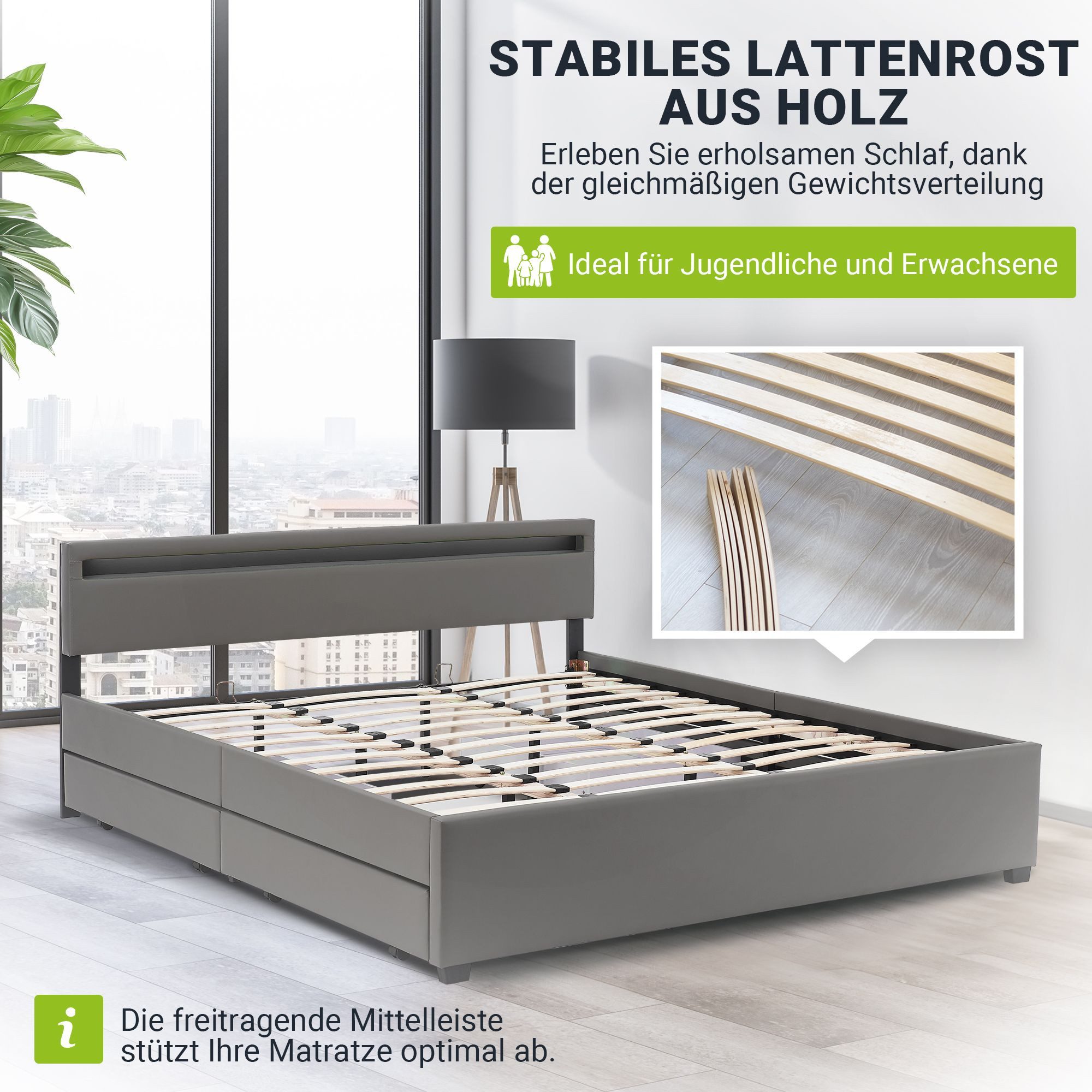 Juskys Polsterbett Lyon, 180x200 cm, ausziehbare Bettkästen, LED-Licht, gep günstig online kaufen