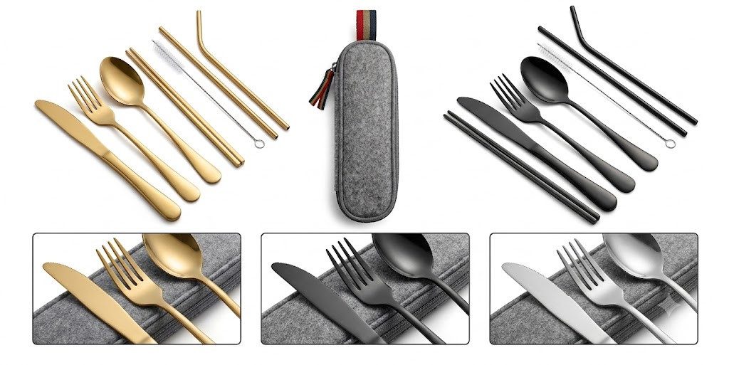 Faizee Möbel Besteck-Set Besteckset 8-tlg Reise Set Camping Besteckset vier Farben (8-tlg), Edelstahl