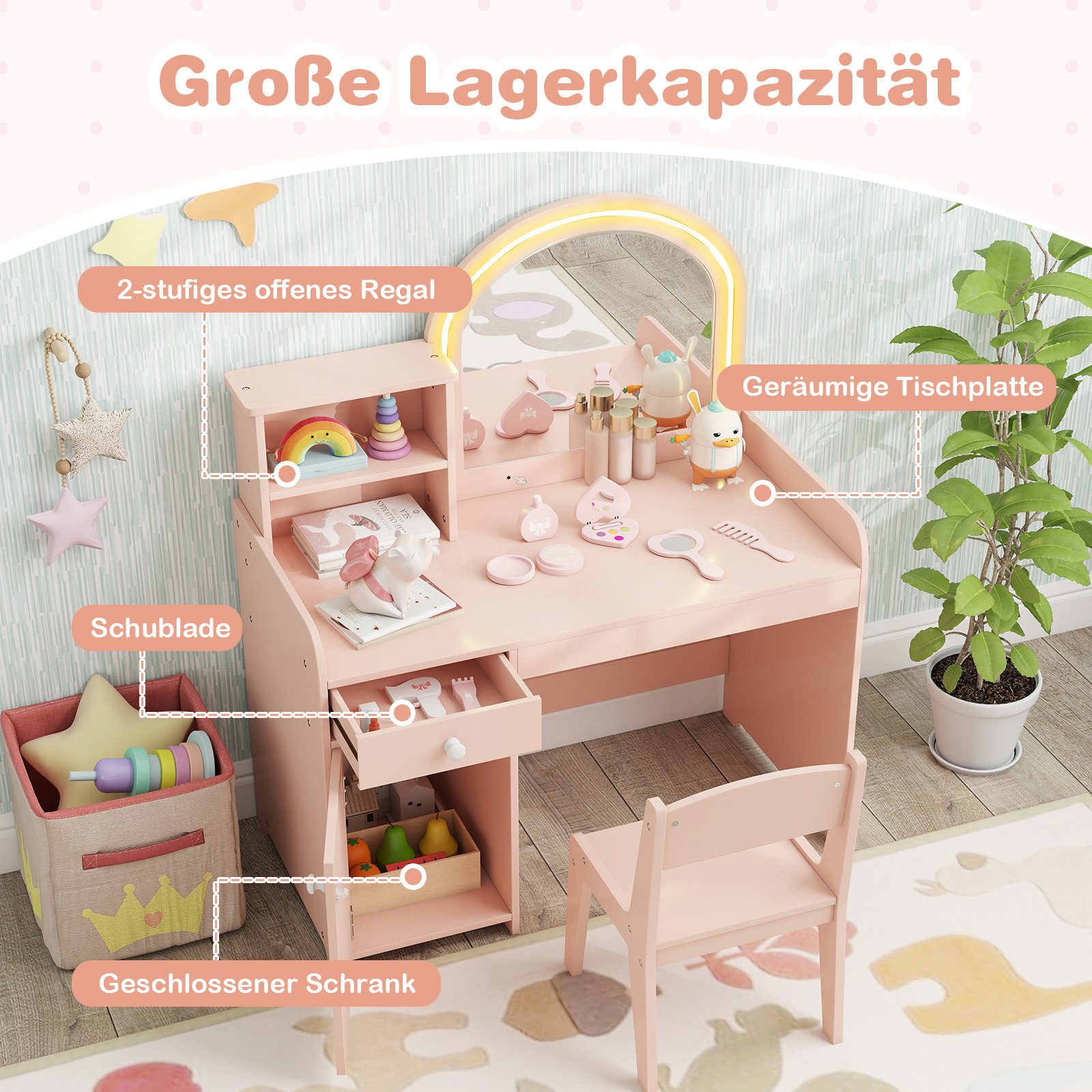 COSTWAY Schminktisch Kinder, mit Stuhl & LED Spiegel & Schublade, ab 3 Jahre