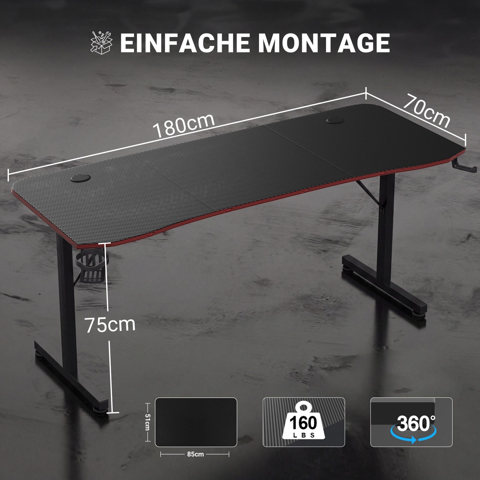 HOMALL Gamingtisch 140/160/180 cm, Computertisch, Gaming-Tisch (Ergonomischer Gaming-Schreibtisch für das Gaming-Zimmer, ausgestattet mit Kopfhörerhalterung, Ge – Bild 3 von 5