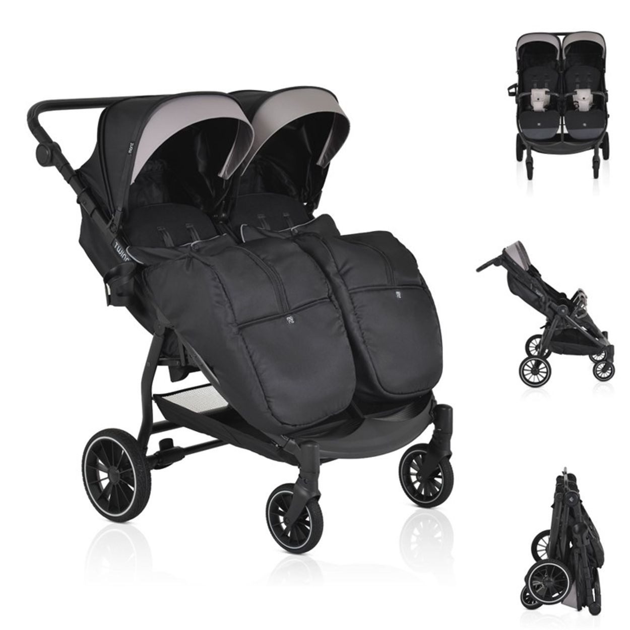 Moni Geschwisterwagen Zwillingskinderwagen TwinGo, Getränkehalter, Fußabdeckung, Hinterradbremse