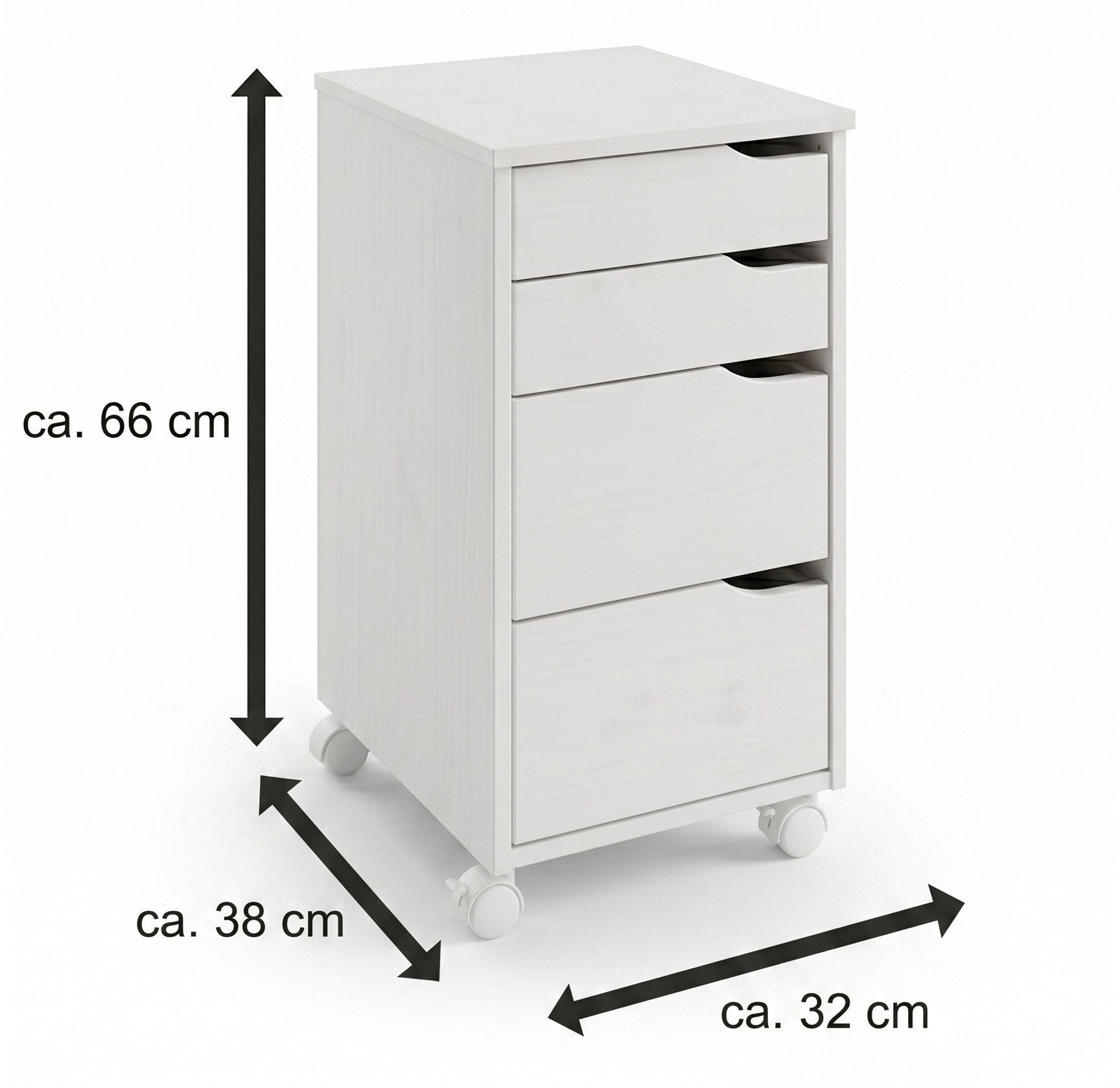 kamelshopping Rollcontainer Massivholz Rollcontainer Kiefer, weiß, mit 4 Schubladen & Rollen, ca. 66 x 32 x 38 cm, moderner Bürocontainer