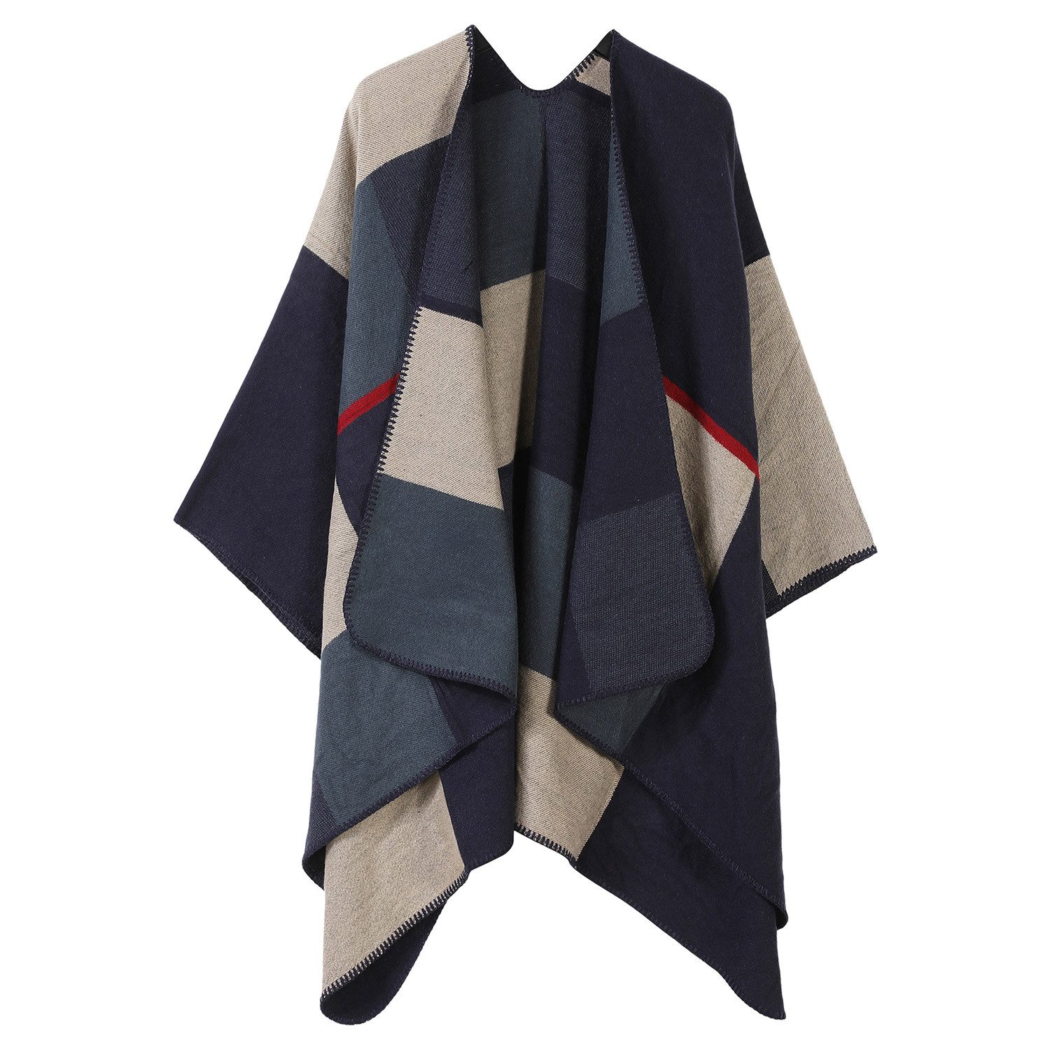 Refttenw Poncho Damen Sommer, Klassischer Karo Wickelponcho, Asymmetrisch 160x135cm, Dicker Stoff Wärmend für Klimatisierte Räume