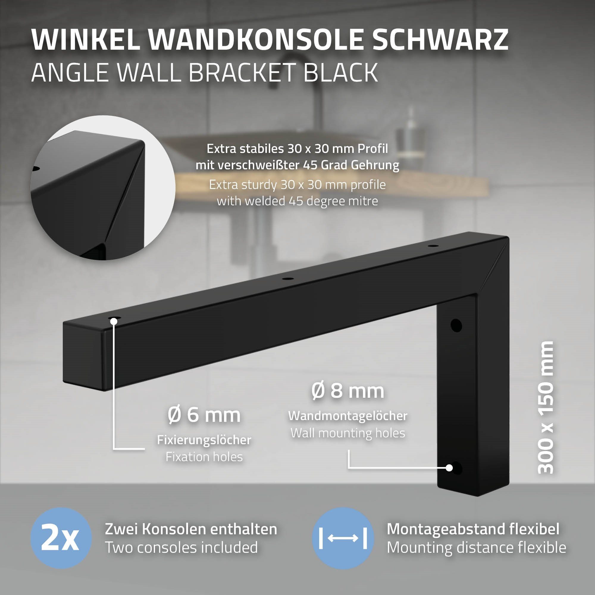 ML-DESIGN 300x150mm Wandkonsole Schwarz L-Form Stahl Waschtischhalterung Wandhalterung Waschbeckenschrank 2er Set Winkel