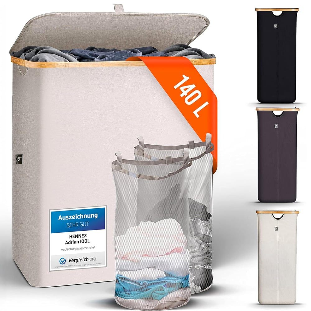 HENNEZ Wäschekorb Bambus mit Deckel 2 Fächer, 140L Wäschesack - Wäschesorti günstig online kaufen