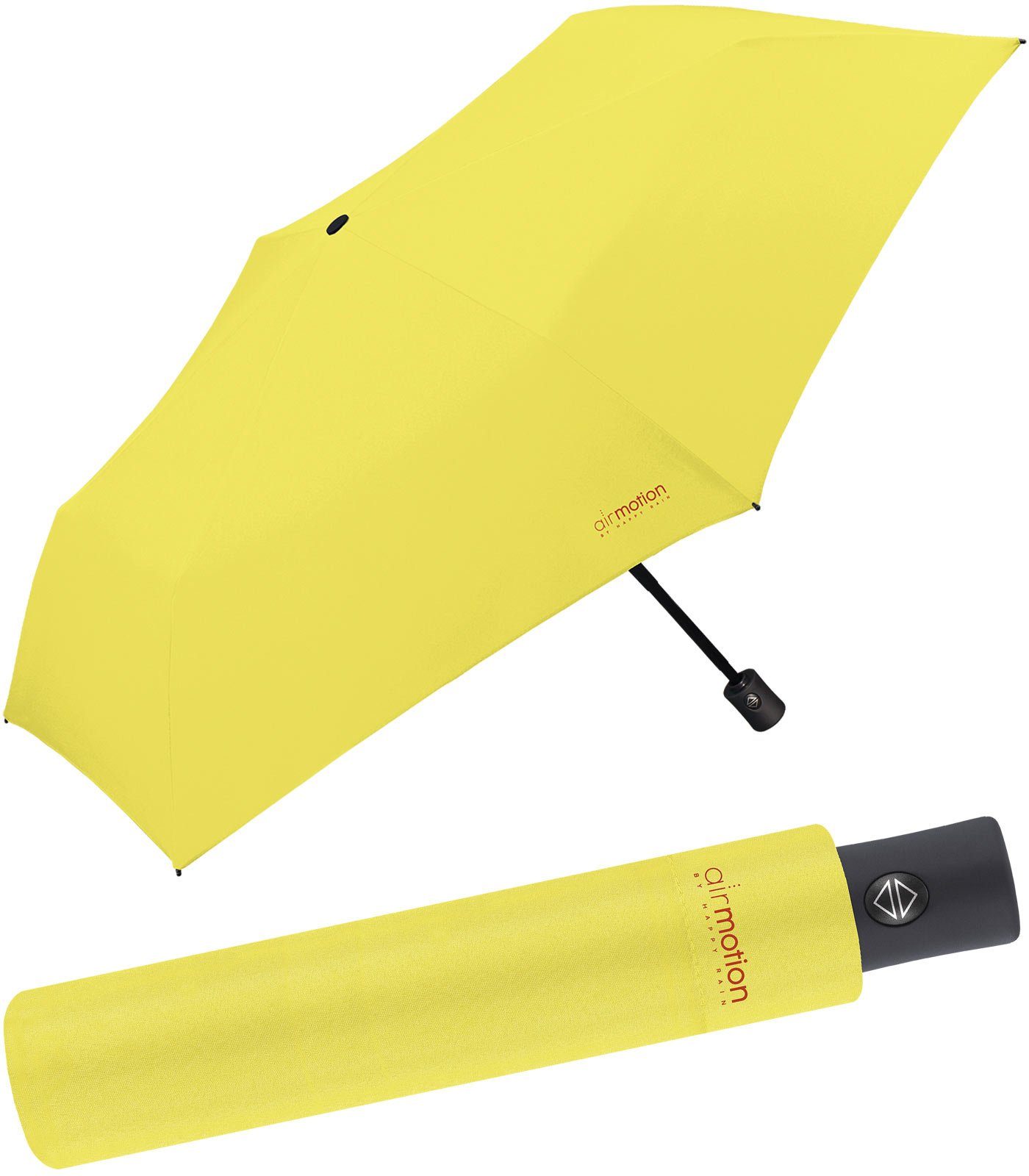 HAPPY RAIN Taschenregenschirm Air Motion - 174 g Auf-Zu-Automatik superleicht, leichtester vollautomatischer Minischirm - perfekt für Gepäck und Handtasche gelb