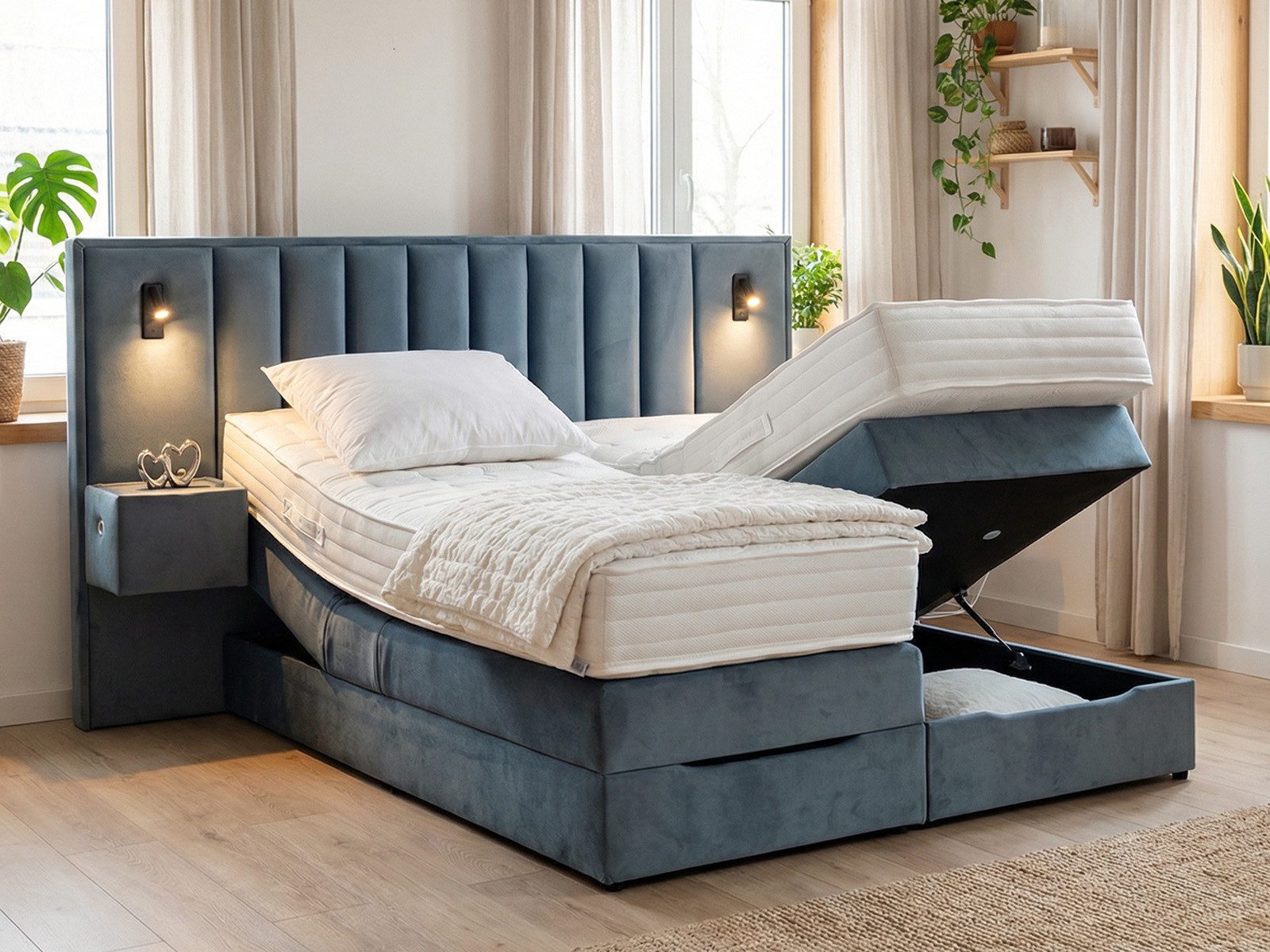 PAARA Boxspringbett mit USB und Beleuchtung, mit Bettkasten und Nachttischen, mit innovativem Belüftungssystem