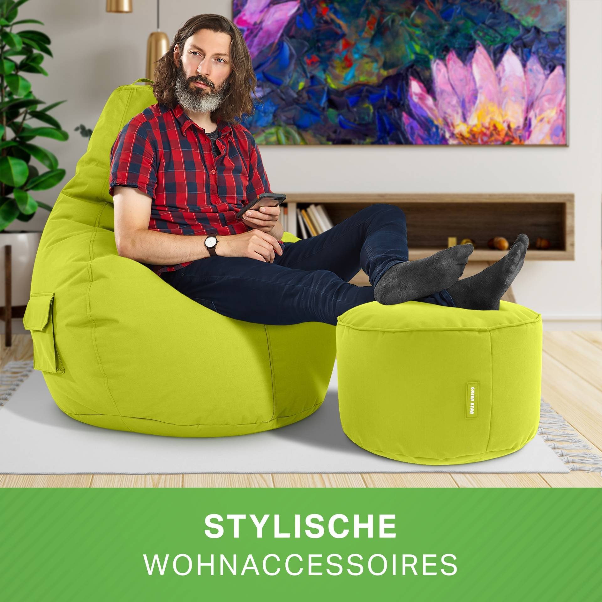 Cozy Bean Relax-Sessel Sitzkissen, Set Gaming Green Hellgrün Sitzhocker, Sitzsack Chair mit + Stay,