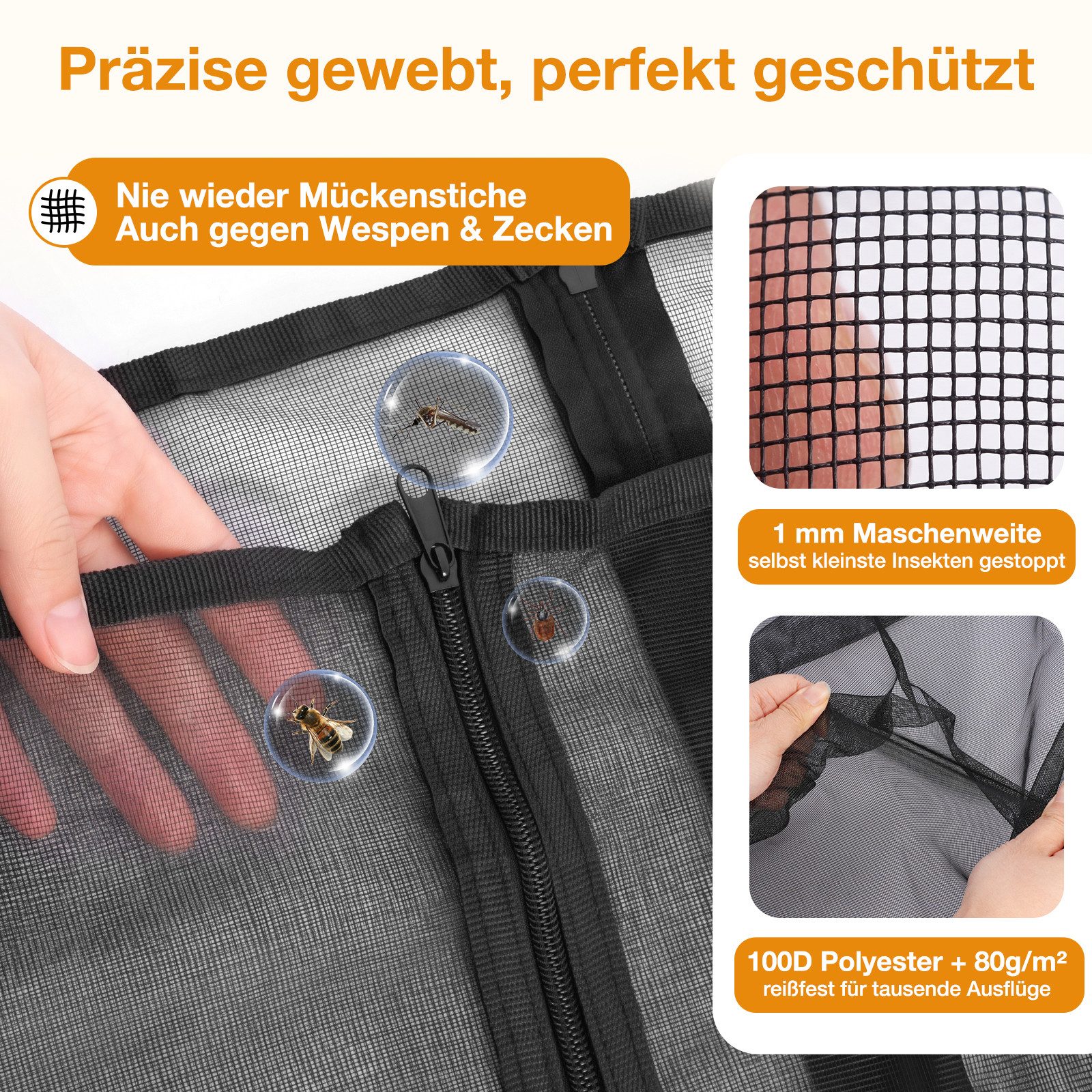 Sekey Kinderwagen-Insektenschutz Fliegengitter Moskitoschutz für Bollerwagen Faltbar mit Dach, Schwarz, Fliegenvorhang mit vier Reißverschlüssen, 110 x 60 x 75 cm