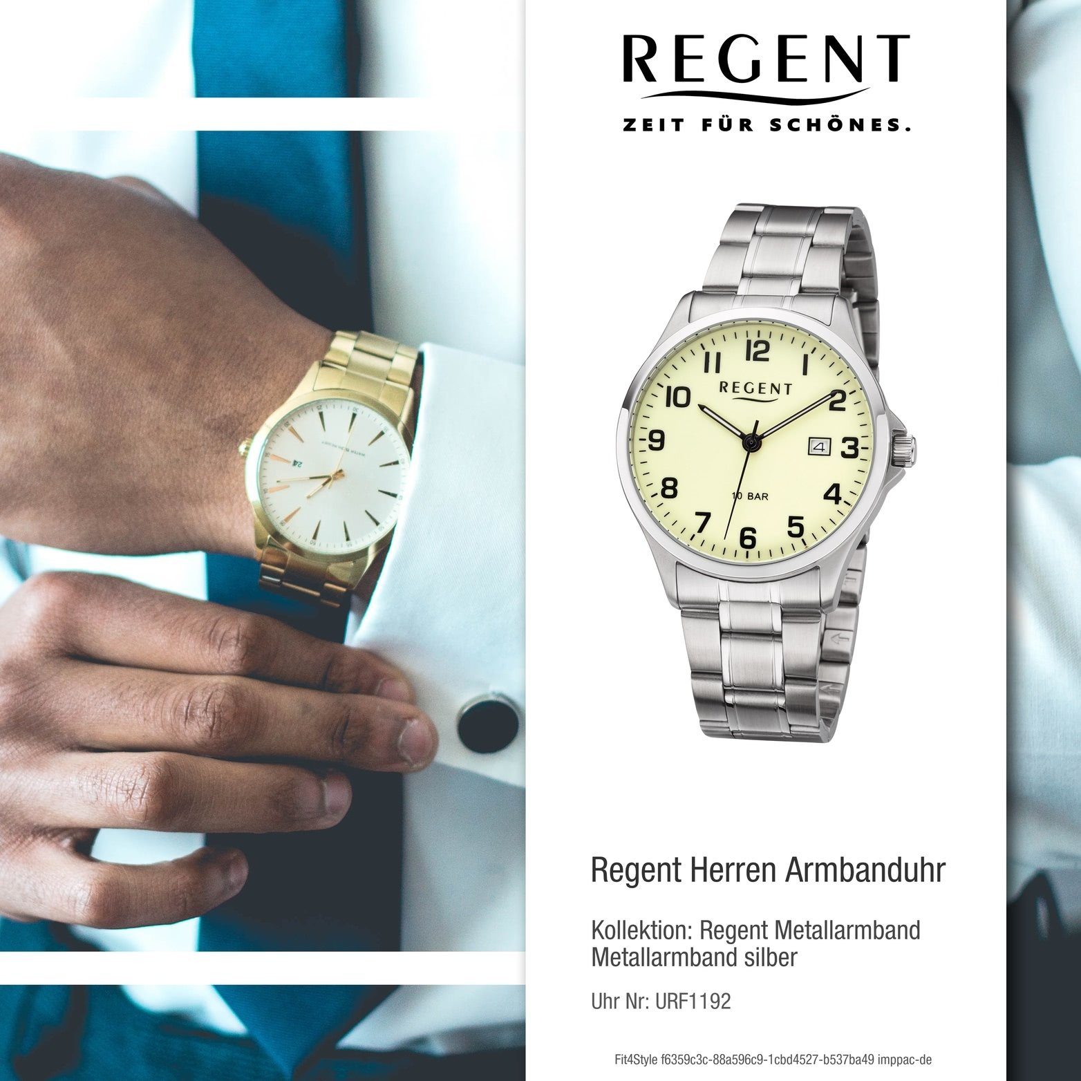 Gehäuse, Metallarmband Regent mittel F-1192 (ca. Quarzuhr Metall rundes Uhr Analog, 39mm) Regent Herren Herrenuhr silber,