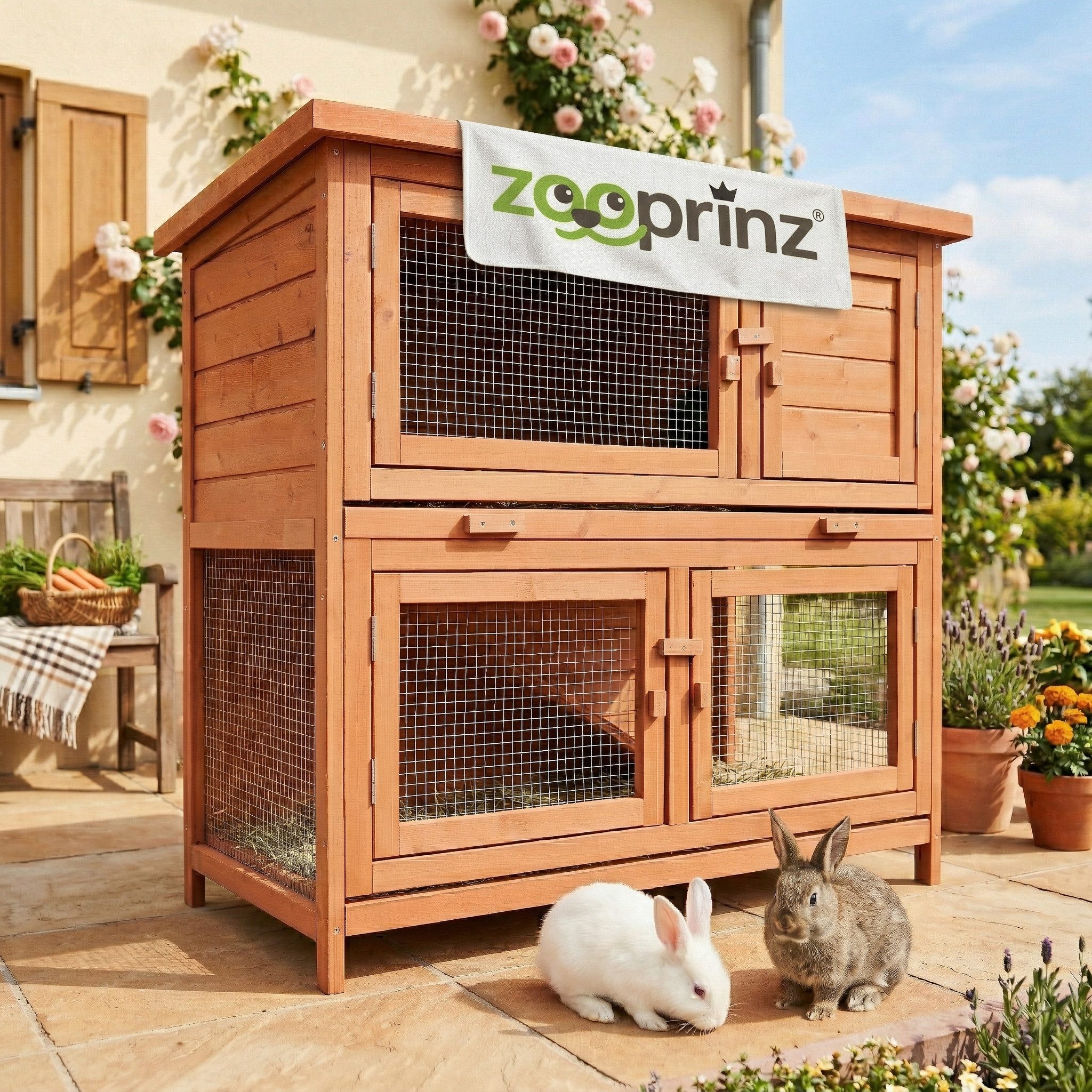 Zooprinz Kleintierstall Mukkel mit Rampe Klappdach auf 2 Etagen, 104x94x55 cm (BxHxT), Lasiertes Massivholz