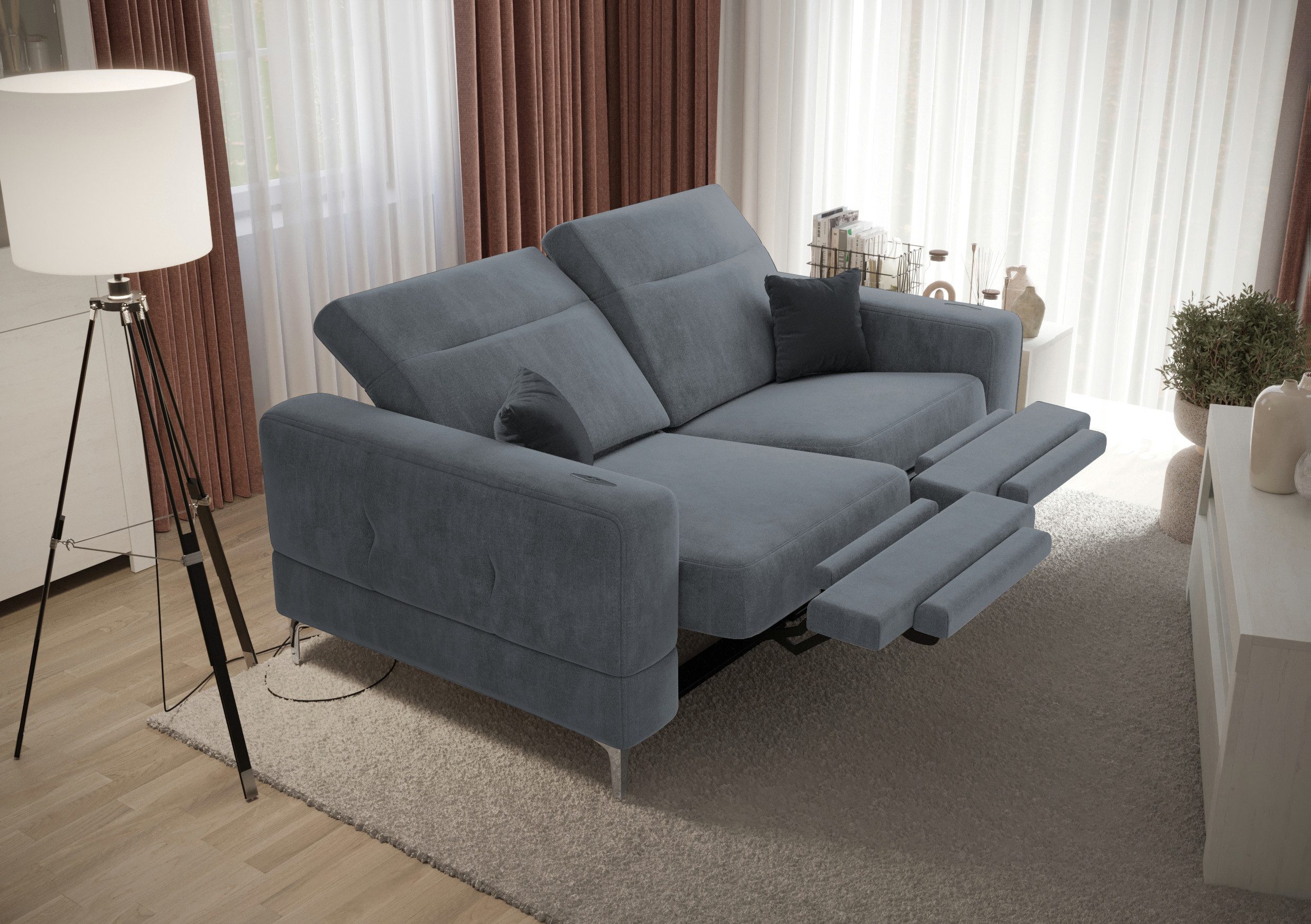 Friderik-EU 2-Sitzer mit elektrischer Relaxfunktion, Malibu Relax II, 180 cm, Terra Stoff, – verstellbaren Kopfstützen – stilvolle Metallfüße