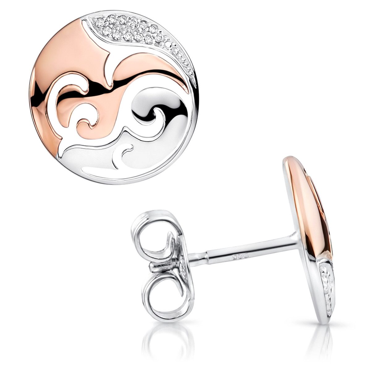 Materia Paar Ohrstecker Rosegold rund Ornament bicolor SO-388, aus Sterlingsilber vergoldet mit Zirkonia