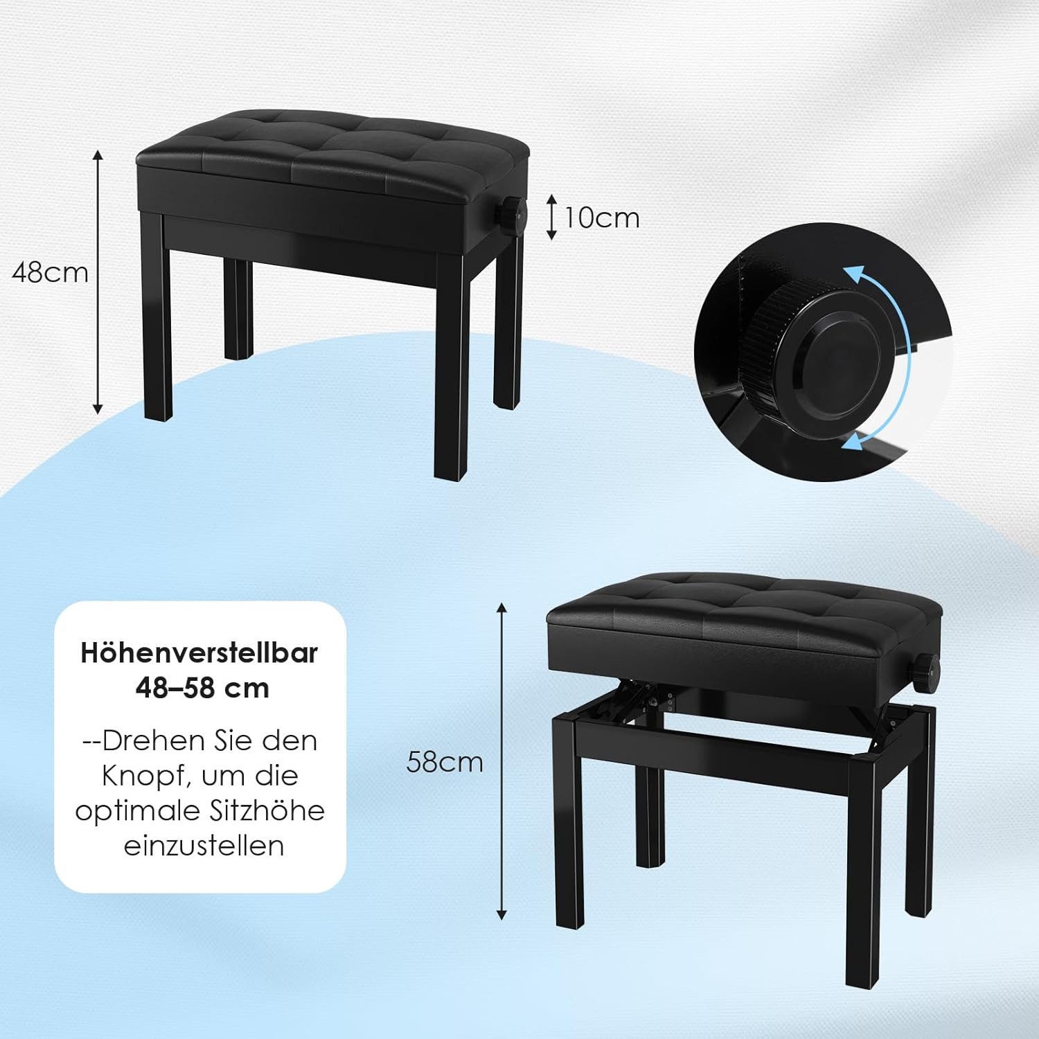 TLGREEN Klavierbank Höhenverstellbar, mit Polsterung und Stauraum (Ergonomische Klavierbank für Erwachsene, 48-58CM Höhe), 150 kg Tragfähigkeit, PU-Leder, rutschfeste Füße