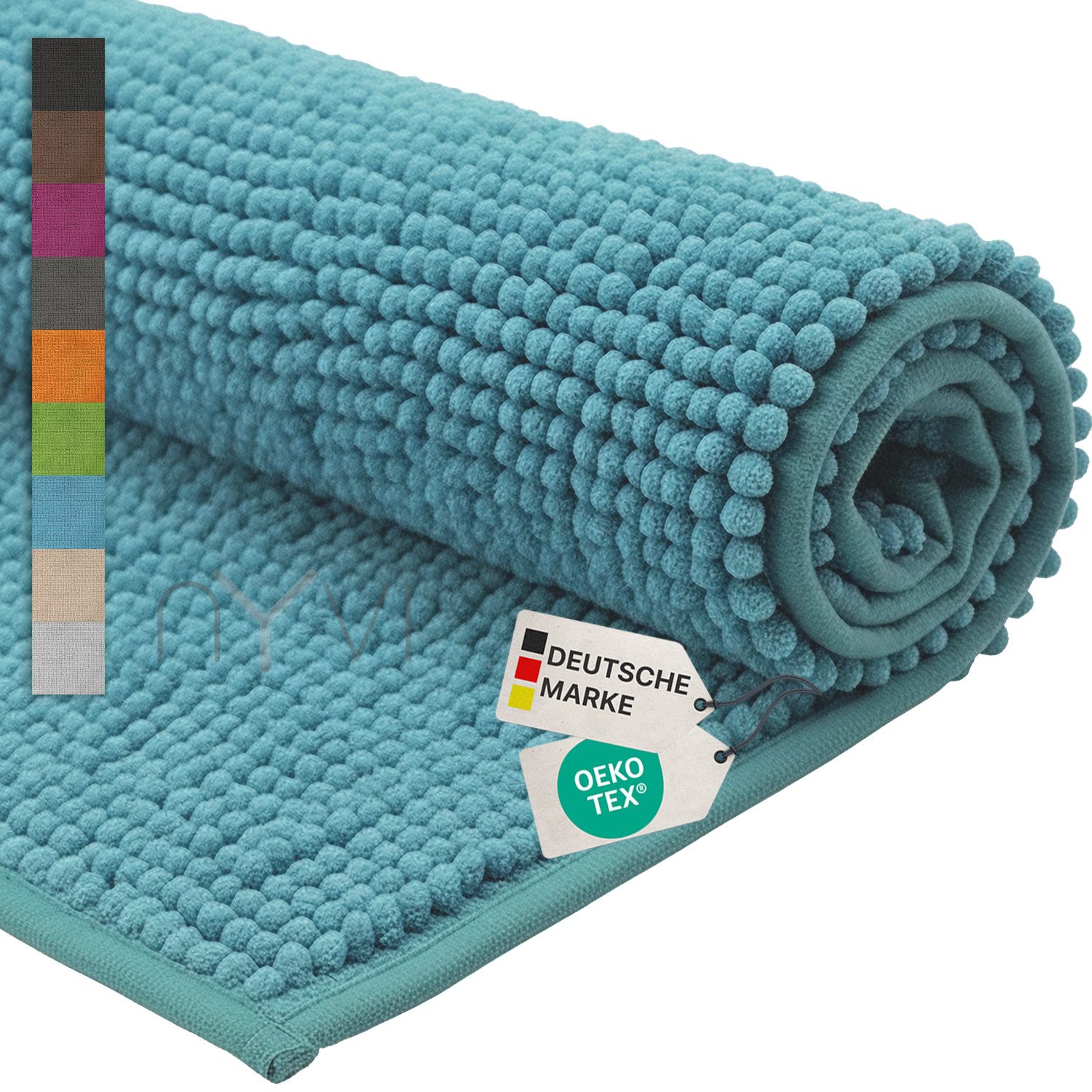 NYVI Badematte WC Vorleger NYVISpa Chenille Badvorleger, Höhe 20 mm, Polyester, Rutschfest, Saugfähig, Schnell Trocknend, Fußbodenheizung geeignet