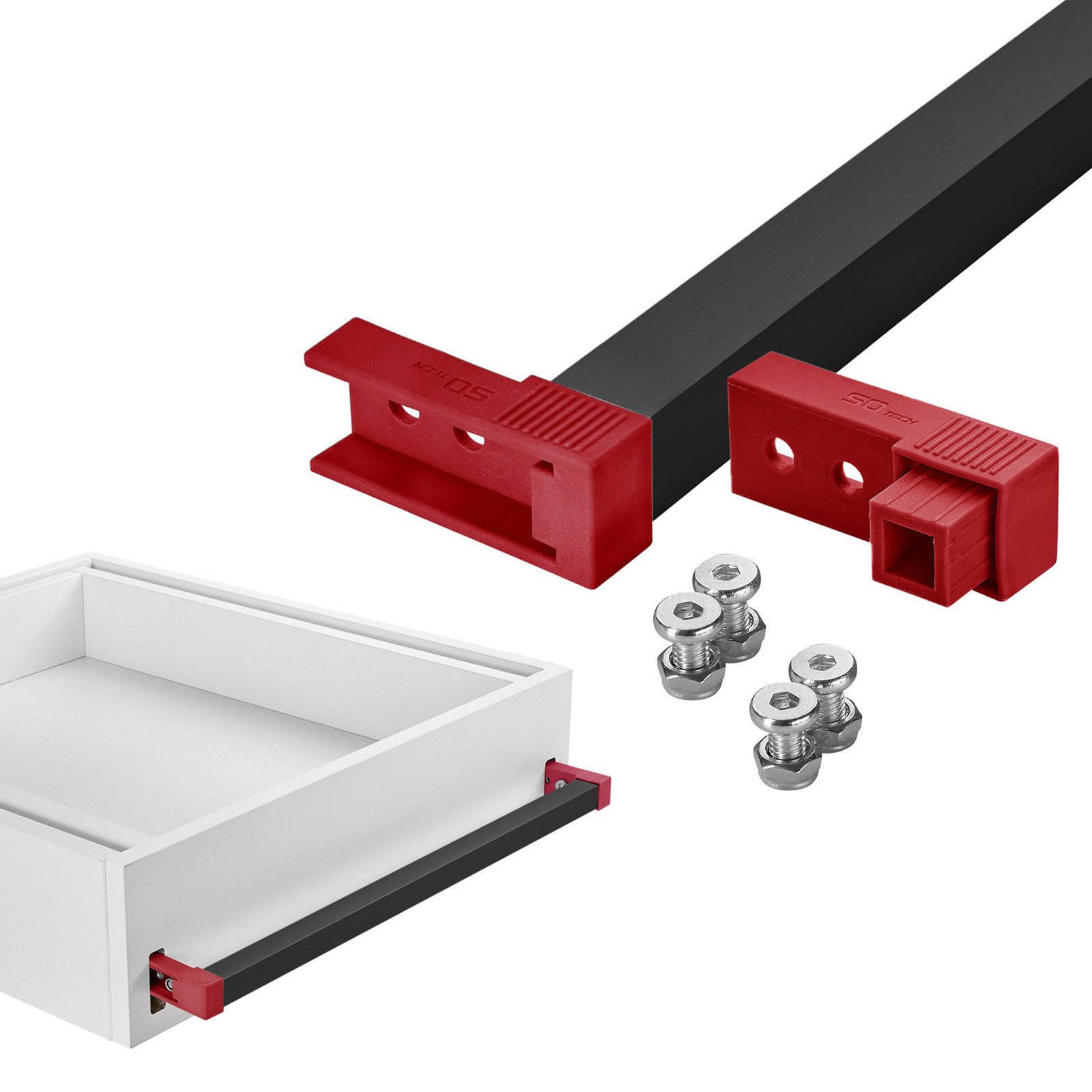 SO-TECH® Griff VarioSlide Pat. Einhandverriegelung für Schubladen mit Front, Breite 60 cm Schwarz mit rotem Adapter für VarioSlide Auszug