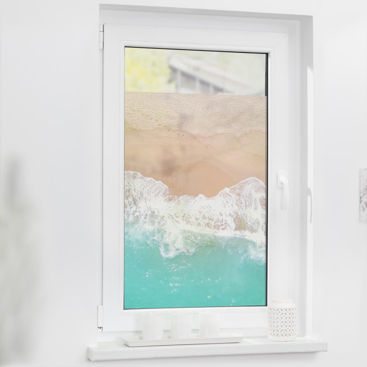 Fensterfolie Fensterfolie selbstklebend, Sichtschutz, The Beach - Türkis Beige