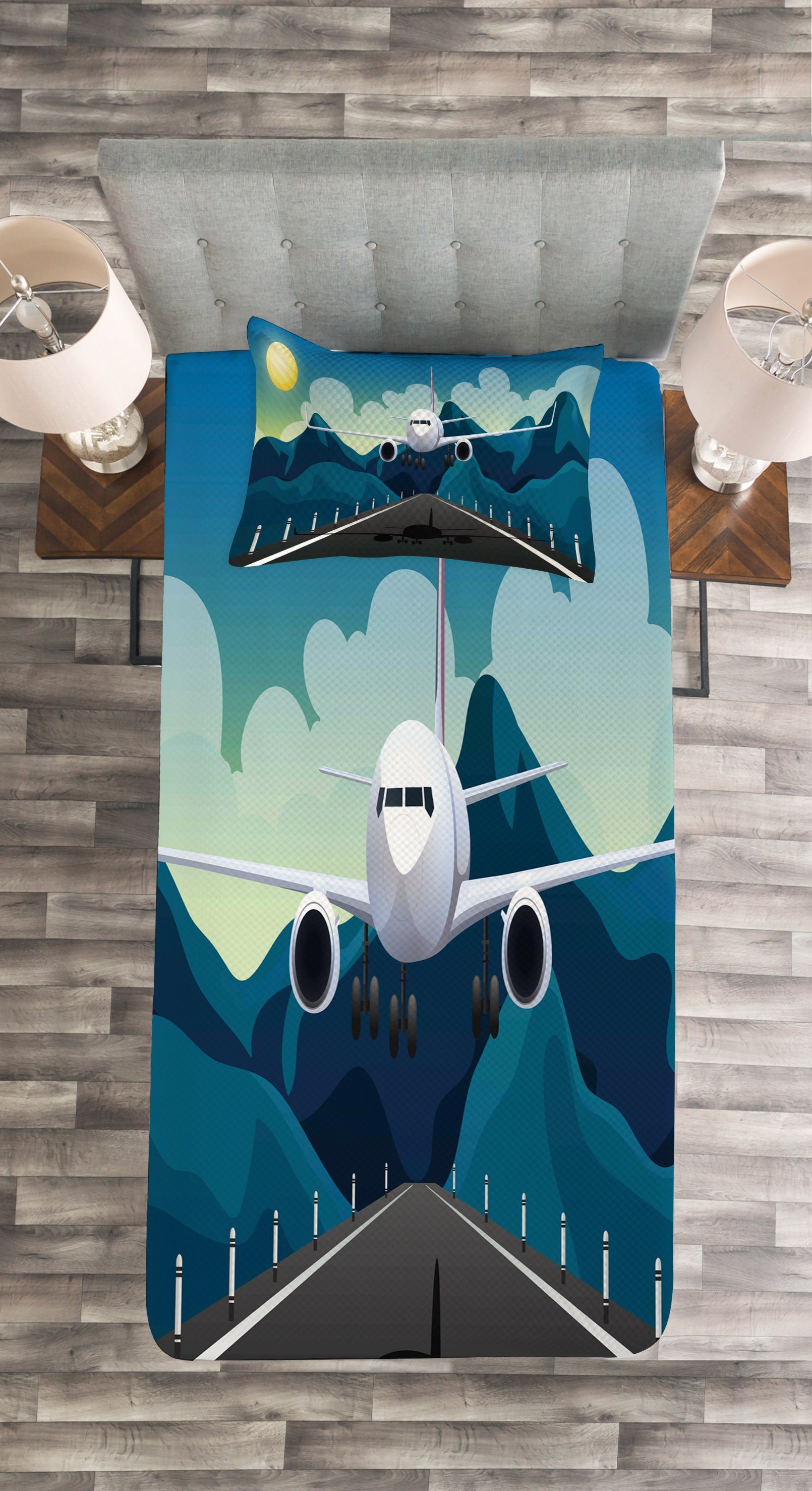 Tagesdecke Set Flughafen Grafik Waschbar, mit Abakuhaus, Abheben Kissenbezügen Flugzeug