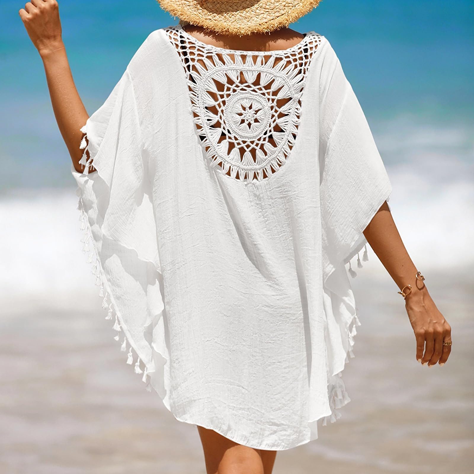 MOPUEA Strandkleid Damen-Badeanzug Strand-Badeanzug Bikini-Vertuschung Urlaubs-Outfits (1-tlg) Luftige Strandtunika mit Häkelspitze und Fransen – Einheitsgröße
