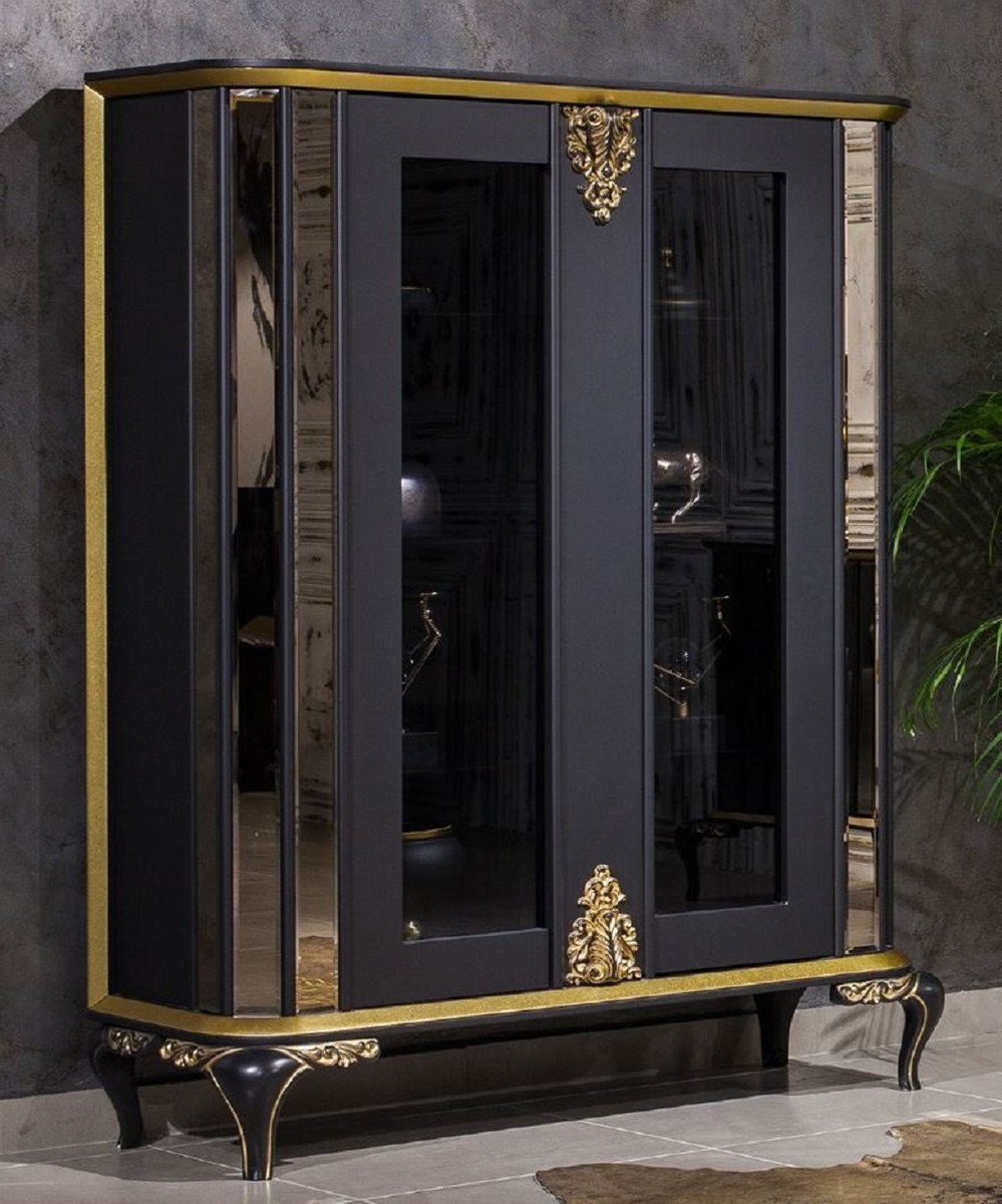 Casa Padrino Vitrine Luxus Barock Vitrine Schwarz / Gold - Verspiegelter Massivholz Vitrinenschrank mit 2 Türen - Prunkvolle Barock Möbel | Vitrinenschränke