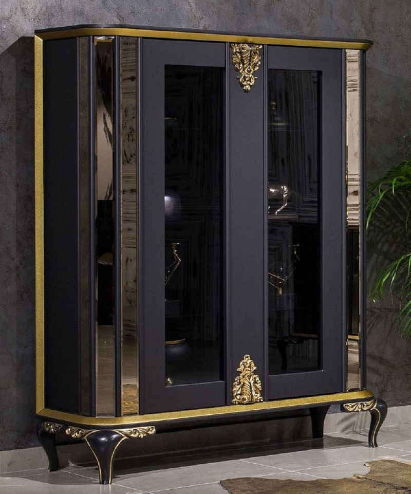 Casa Padrino Vitrine Luxus Barock Vitrine Schwarz / Gold - Verspiegelter Massivholz Vitrinenschrank mit 2 Türen - Prunkvolle Barock Möbel