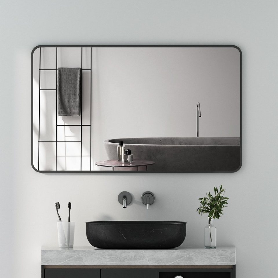Boromal Spiegel Rechteckig Badspiegel 100x60 groß Schwarz Wandspiegel mit  Alurahmen (Flurspiegel modern, mit explosionsgeschützte membran), 5mm  Kupfer- und bleifreier Spiegel