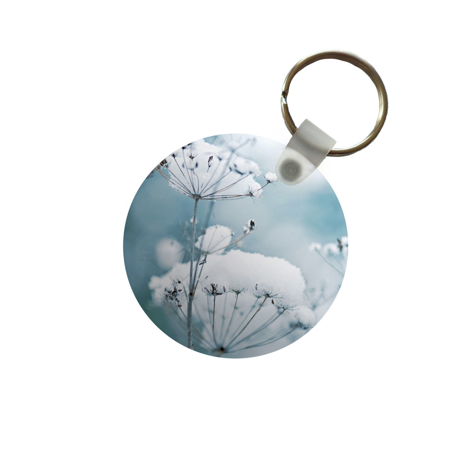MuchoWow Schlüsselanhänger Schnee - Blumen - Winter - Zweige, Rund, Geschenk für Damen / Herren / Kinder mit Schlüsselring, 5x5 cm