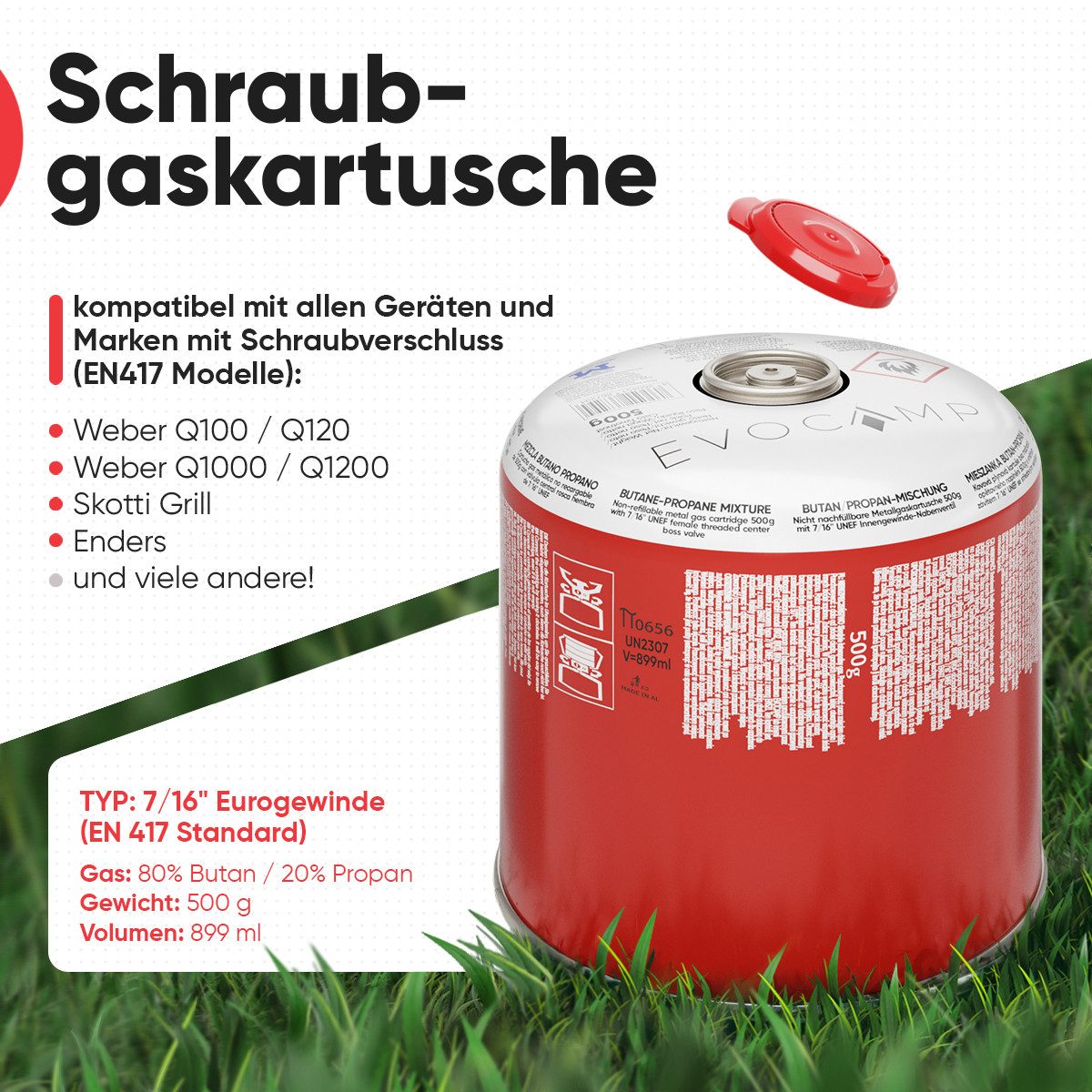 EVOCAMP Gaskartusche 6x Butangas Kartuschen 500g, Schraubkartusche mit Butan/ Propan Gas, 6 St.