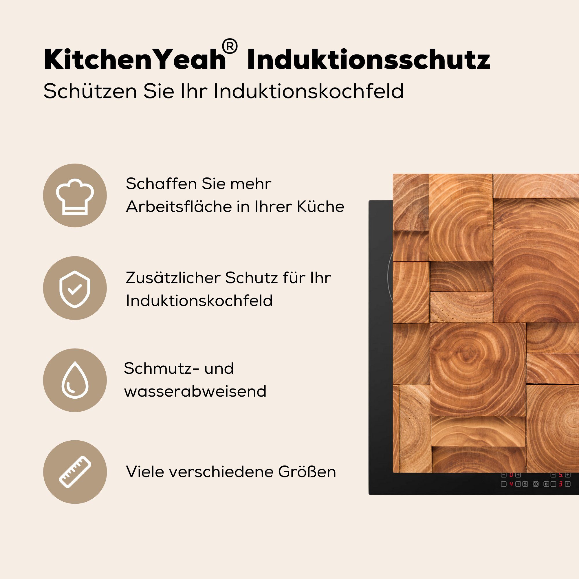 Induktionskochfeld cm, Brennholz küche, Vinyl, in Blöcken, 81x52 sauberen die MuchoWow für Schutz Ceranfeldabdeckung tlg), Herdblende-/Abdeckplatte (1