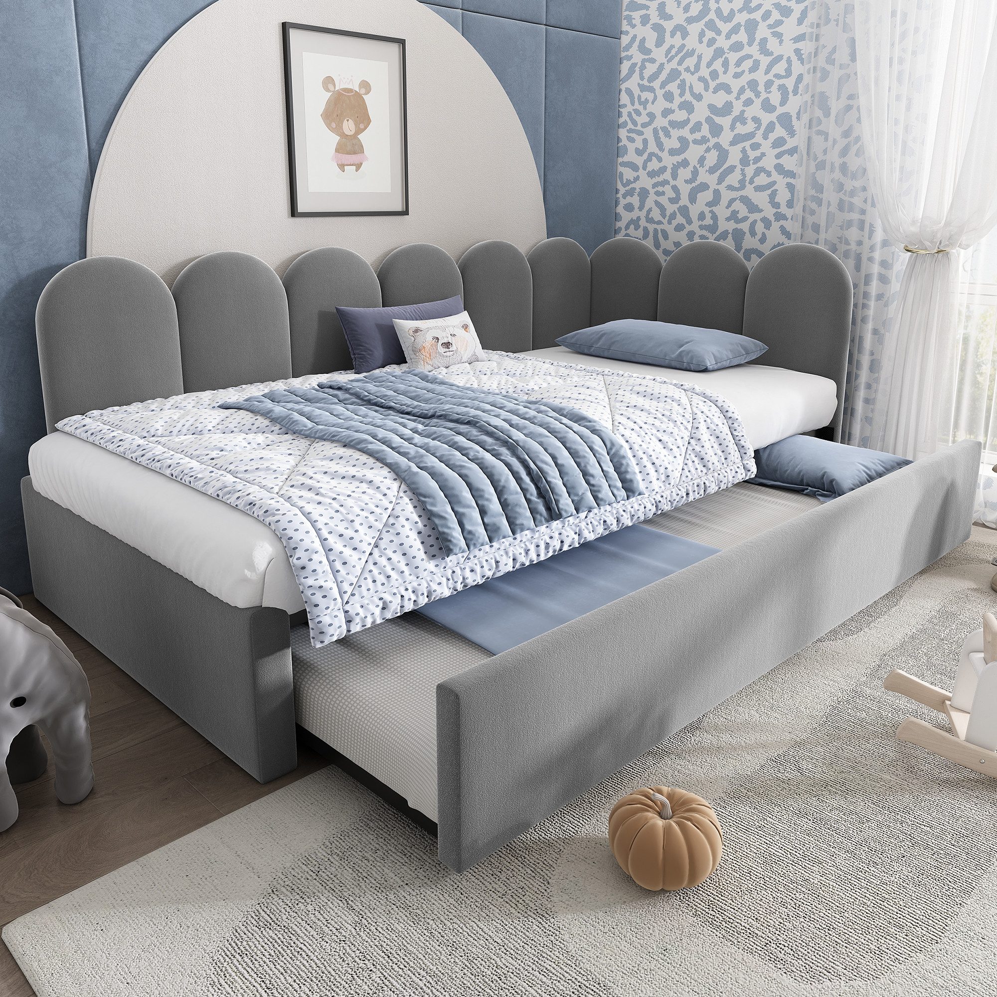 Merax Daybett 90x200cm mit Ausziehbett 90x190cm (1 tlg), Polsterbett Samt Tagesbett Kinderbett Schlafsofa mit Lattenrost