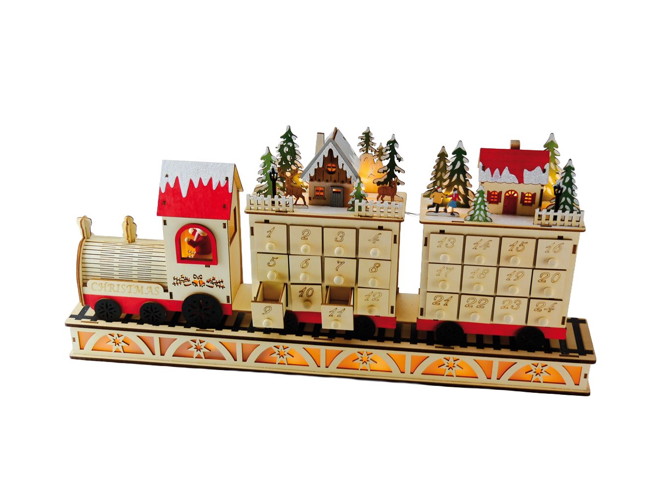 Musicboxworld Spieluhr Adventskalender aus Holz in Zugform mit 24 kleinen Schubladen