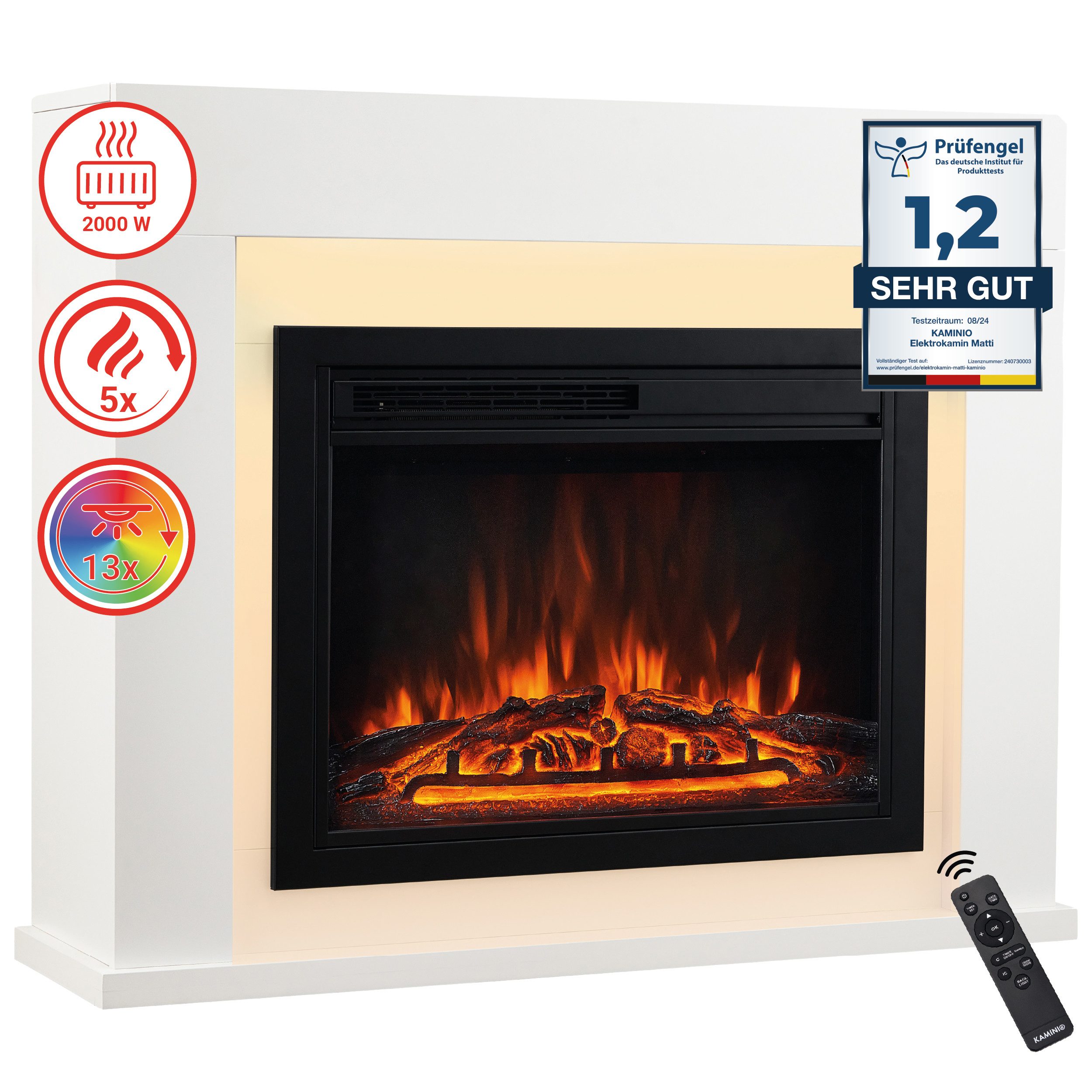 KAMINIO Elektrokamin MATTI, Elektrischer Kamin mit 3D-Flammeneffekt, Ambientelicht, Heizung 2000W