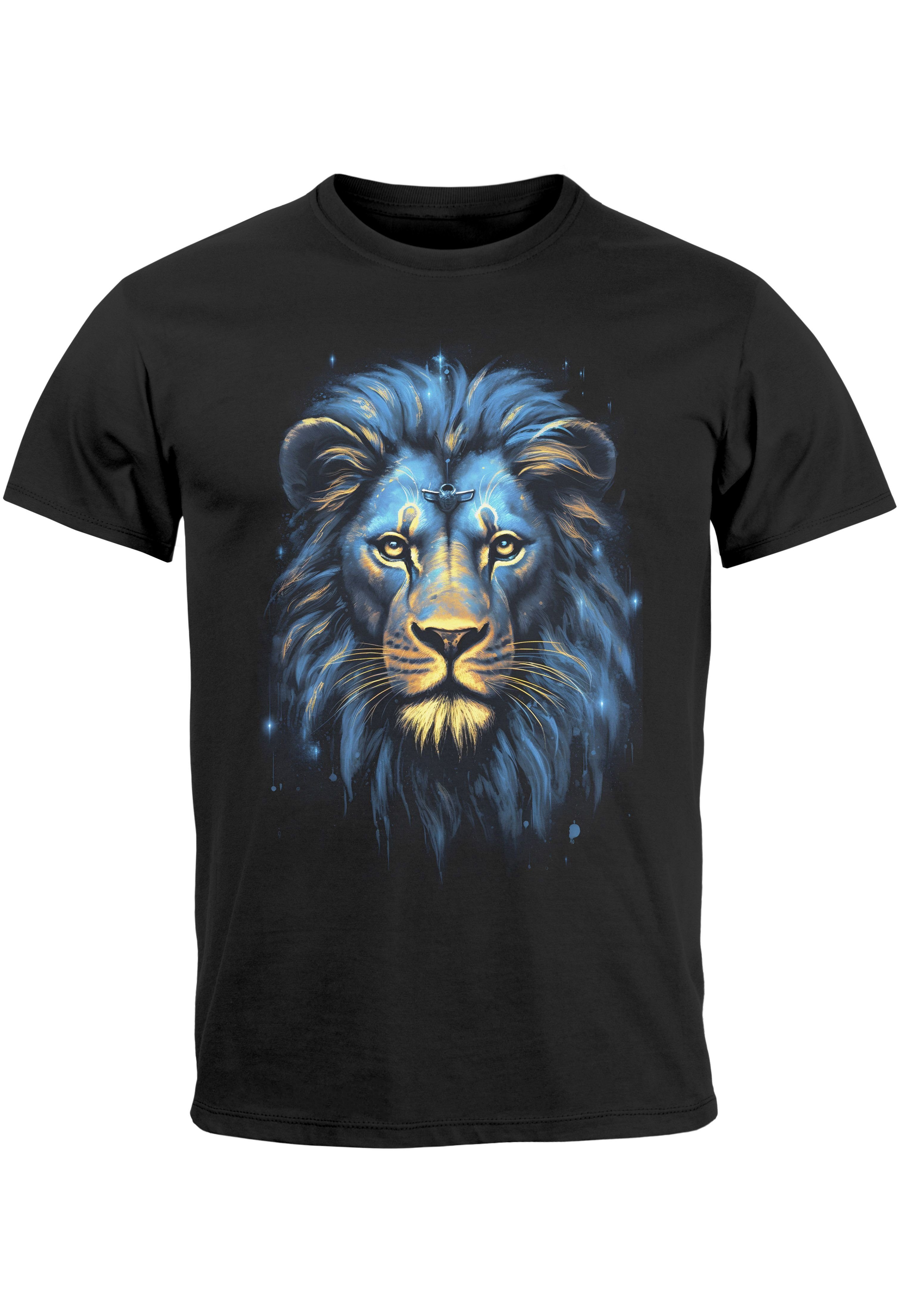 Neverless Print-Shirt Herren T-Shirt Löwe Lion Art-Print Kunst Illustration Aufdruck Printsh mit Print schwarz