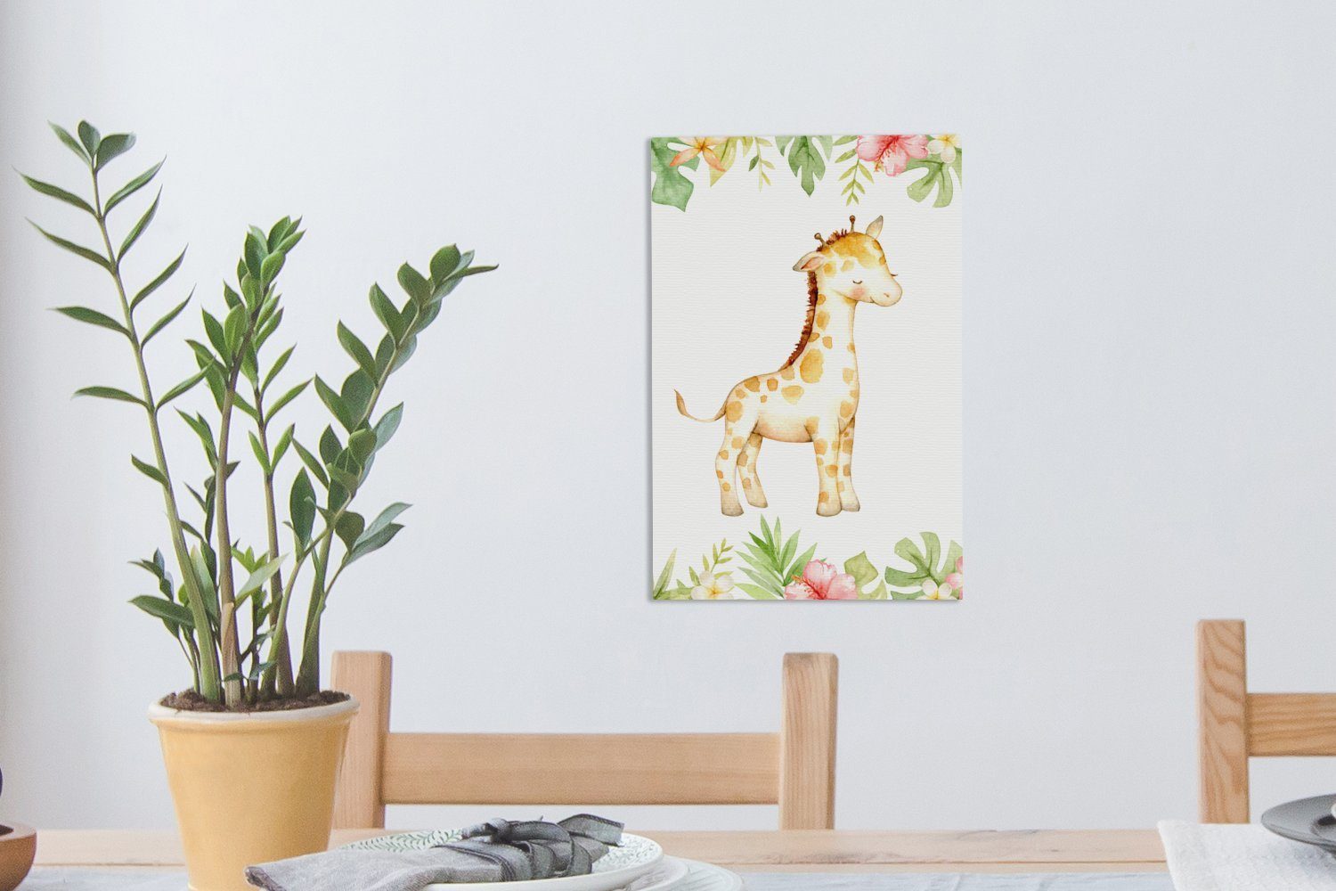 Dschungel fertig bespannt 20x30 - Gemälde, Zackenaufhänger, - (1 Aquarell, Leinwandbild OneMillionCanvasses® inkl. Giraffe cm St), Leinwandbild