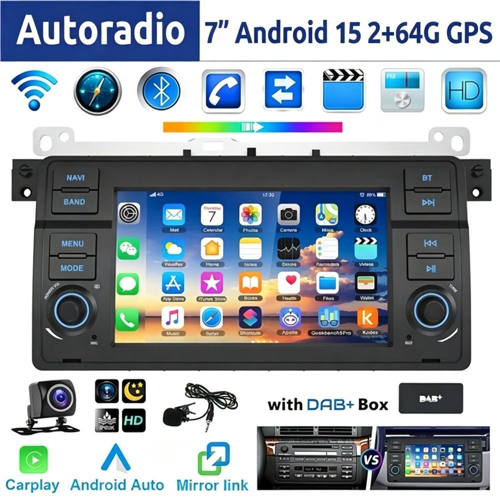ESSGOO 7" Android 15 Für BMW E46 3er 318 320 325 M3 Rover 75 MGZT GPS Navi Autoradio (RDS, 2+64GB(optional), FM, DAB+ (optional), Wireless Carplay Android Auto Bluetooth EQ USB WIFI Touchscreen SWC)