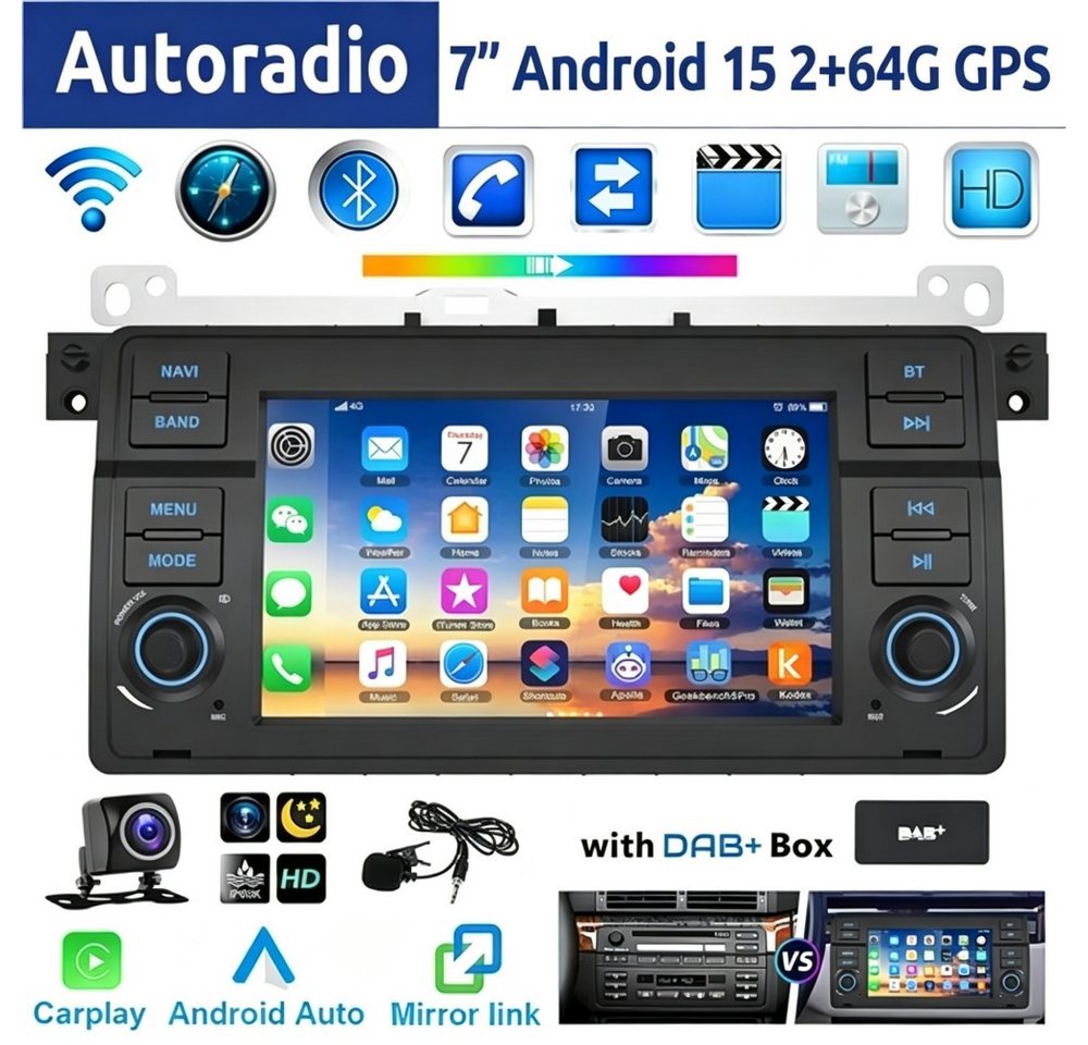 ESSGOO 7" Android 15 Für BMW E46 3er 318 320 325 M3 Rover 75 MGZT GPS Navi Autoradio (RDS, 2+64GB(optional), FM, DAB+ (optional), Wireless Carplay Android Auto Bluetooth EQ USB WIFI Touchscreen SWC)