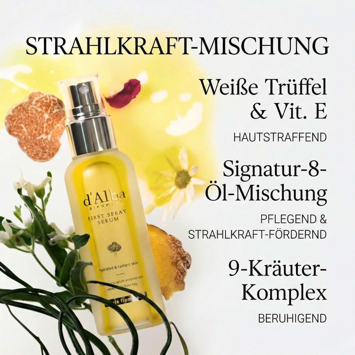 d'Alba Gesichtsserum White Truffle First Spray Serum 100ml – Feuchtigkeitsspendendes Gesichtsspray mit Niacinamid, Hyaluronsäure & Avocadoöl –, 3-in-1 Toner, Serum & Setting Spray für strahlende Haut