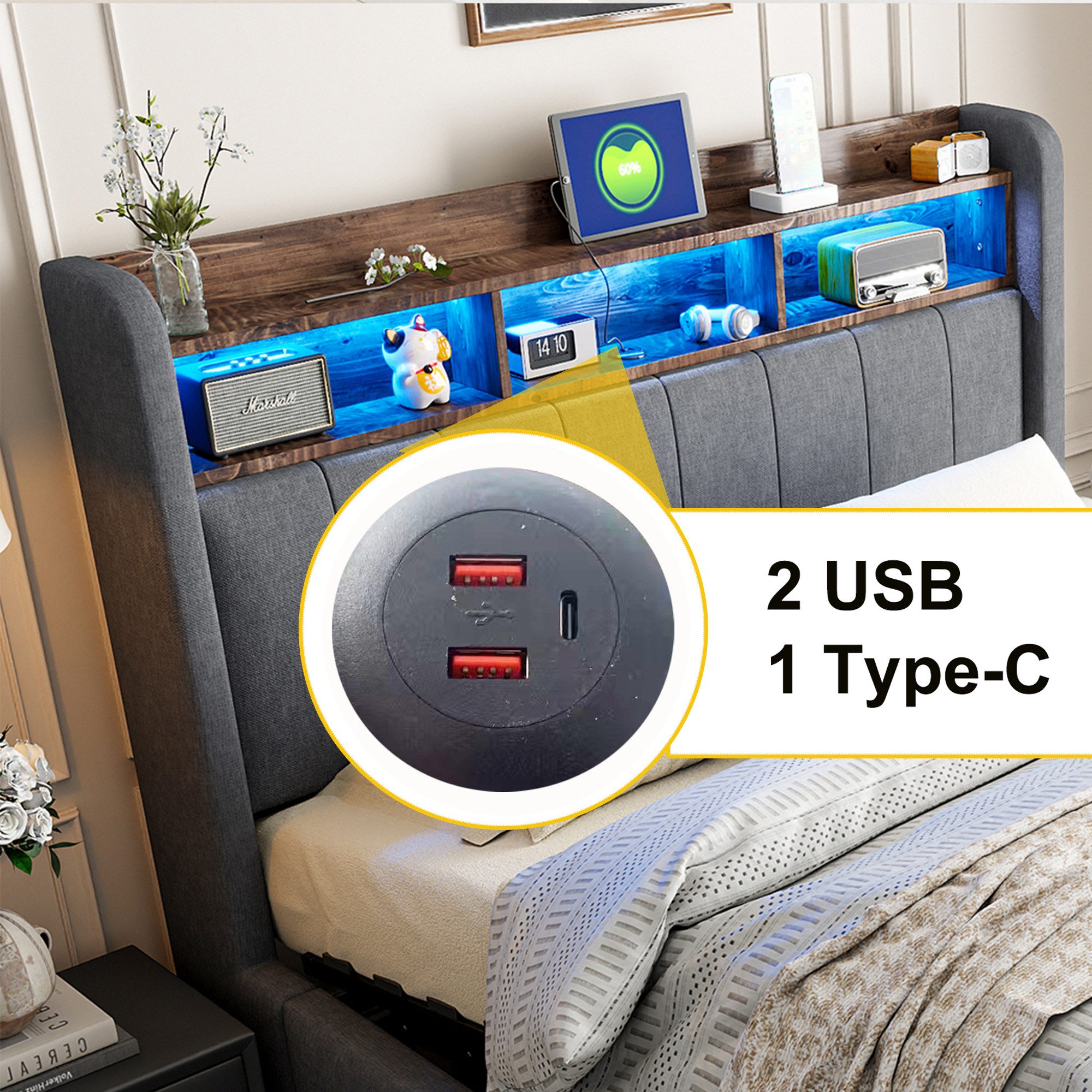 OKWISH Polsterbett Doppelbett, mit hydraulisches Stauraum (mit Kopfteil Ein günstig online kaufen