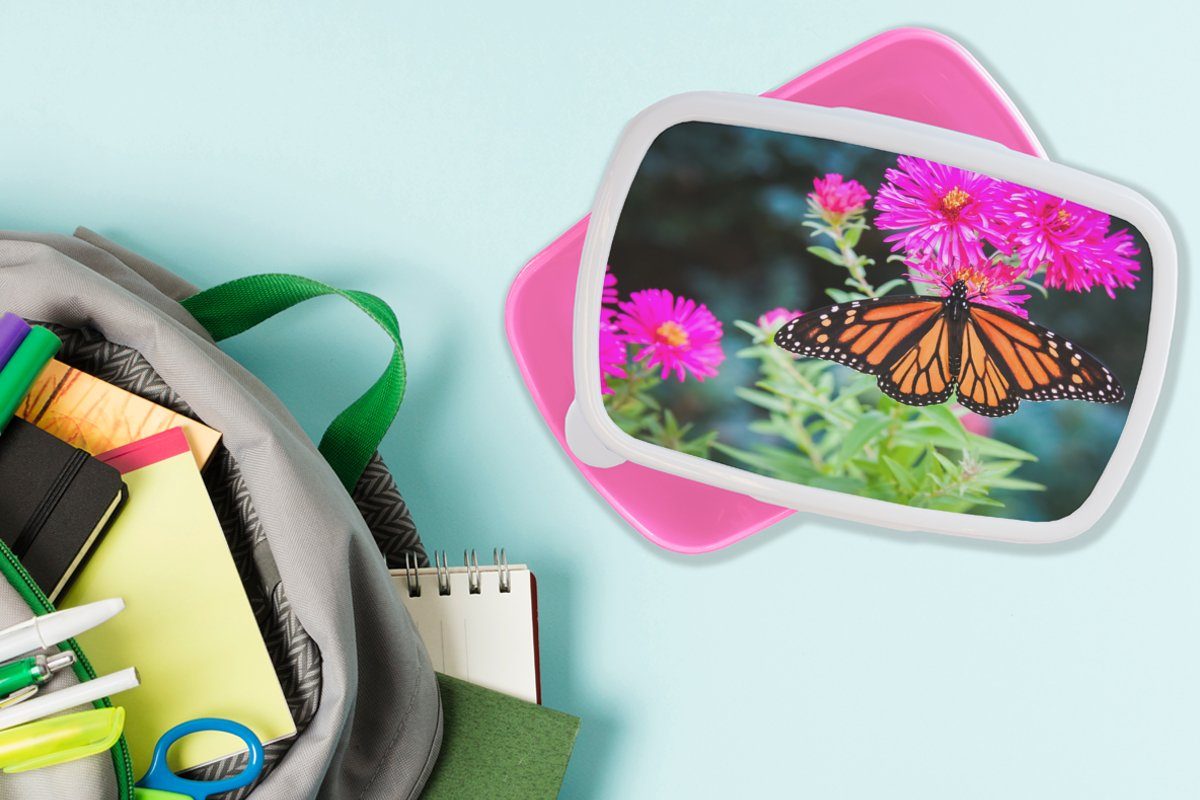 Mädchen, für Erwachsene, Blume, - Lunchbox Kinder, Brotbox Botanisch MuchoWow - Brotdose Kunststoff rosa Schmetterling (2-tlg), Snackbox, Kunststoff,
