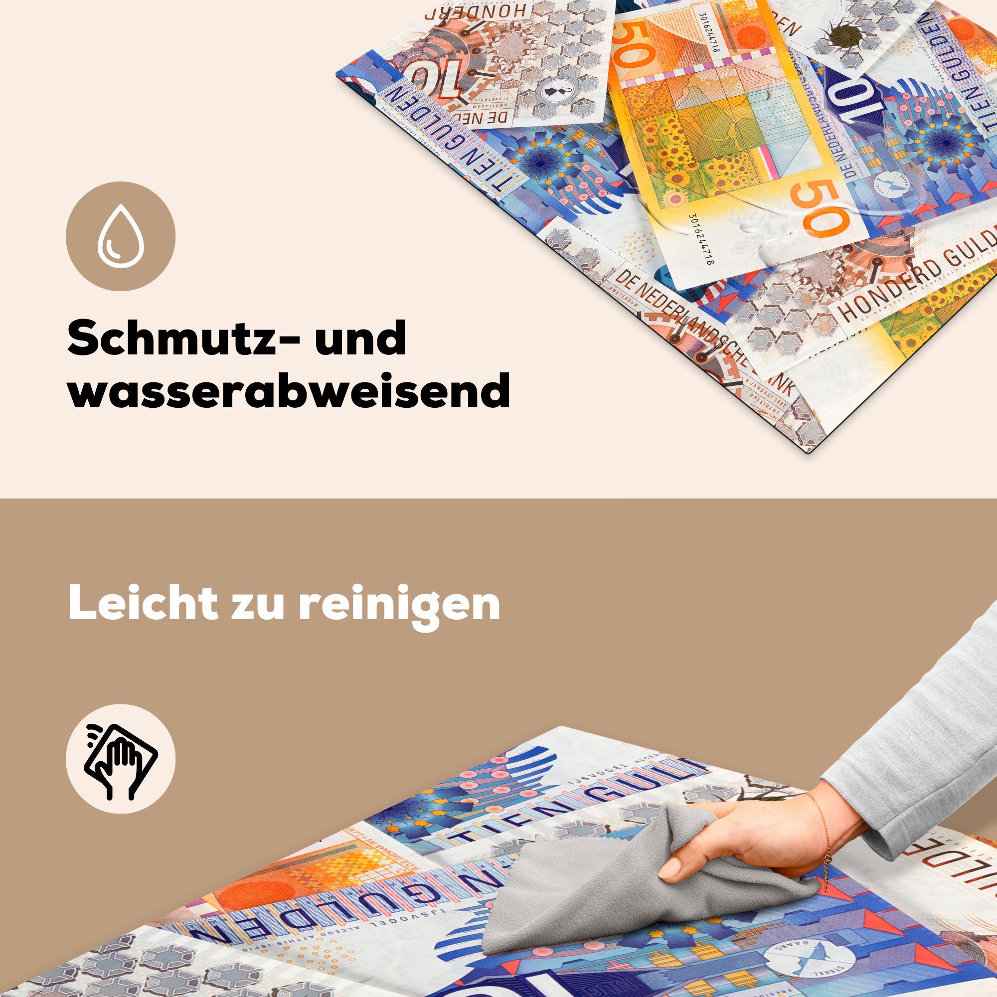 Ein Mobile 70x52 cm, Arbeitsfläche Gulden-Banknoten, MuchoWow nutzbar, Ceranfeldabdeckung niederländischer tlg), Vinyl, Herdblende-/Abdeckplatte (1 Stapel
